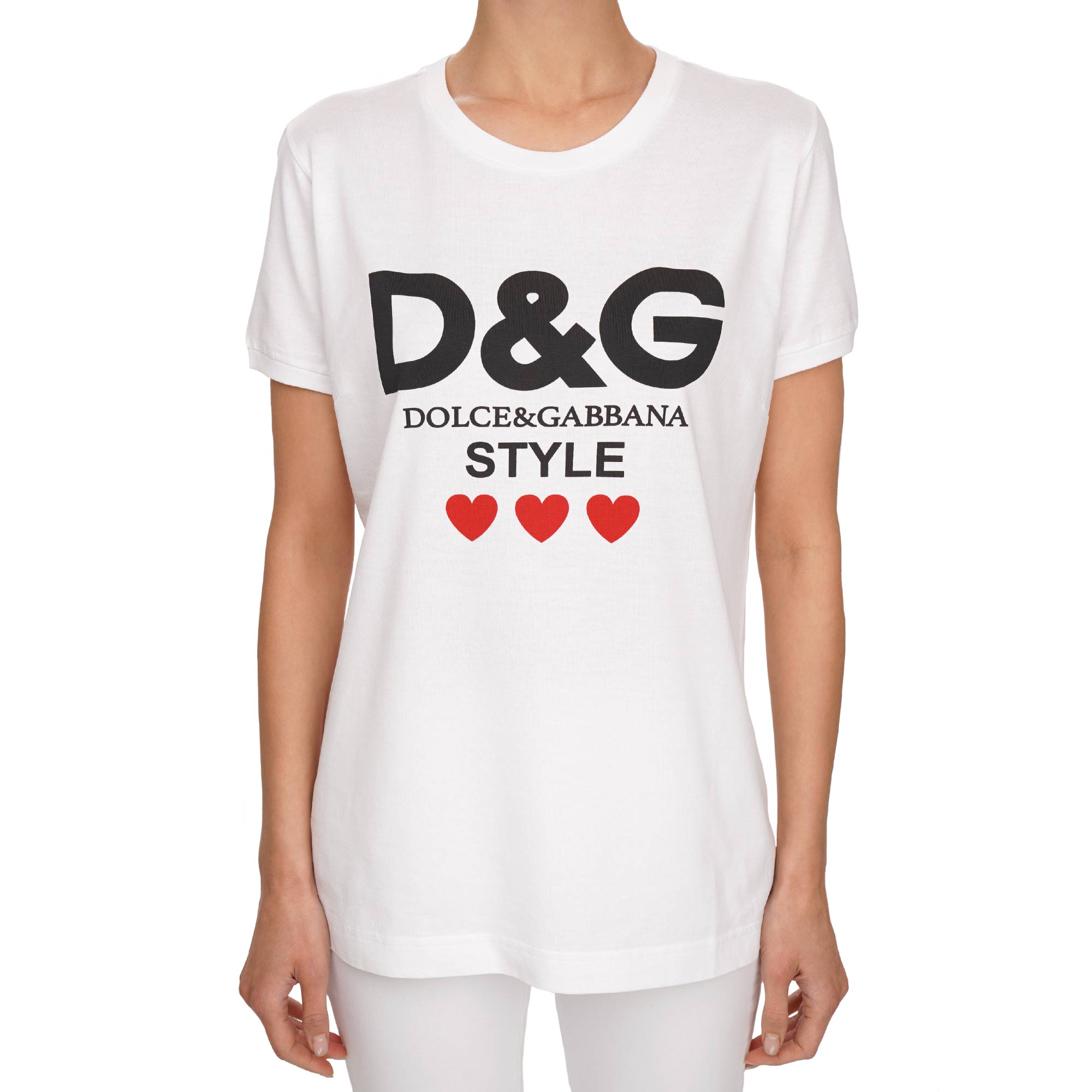 Cotton T-Shirt with Dolce Gabbana heart style logo print and gold patch logo on the back in white and black by DOLCE & GABBANA