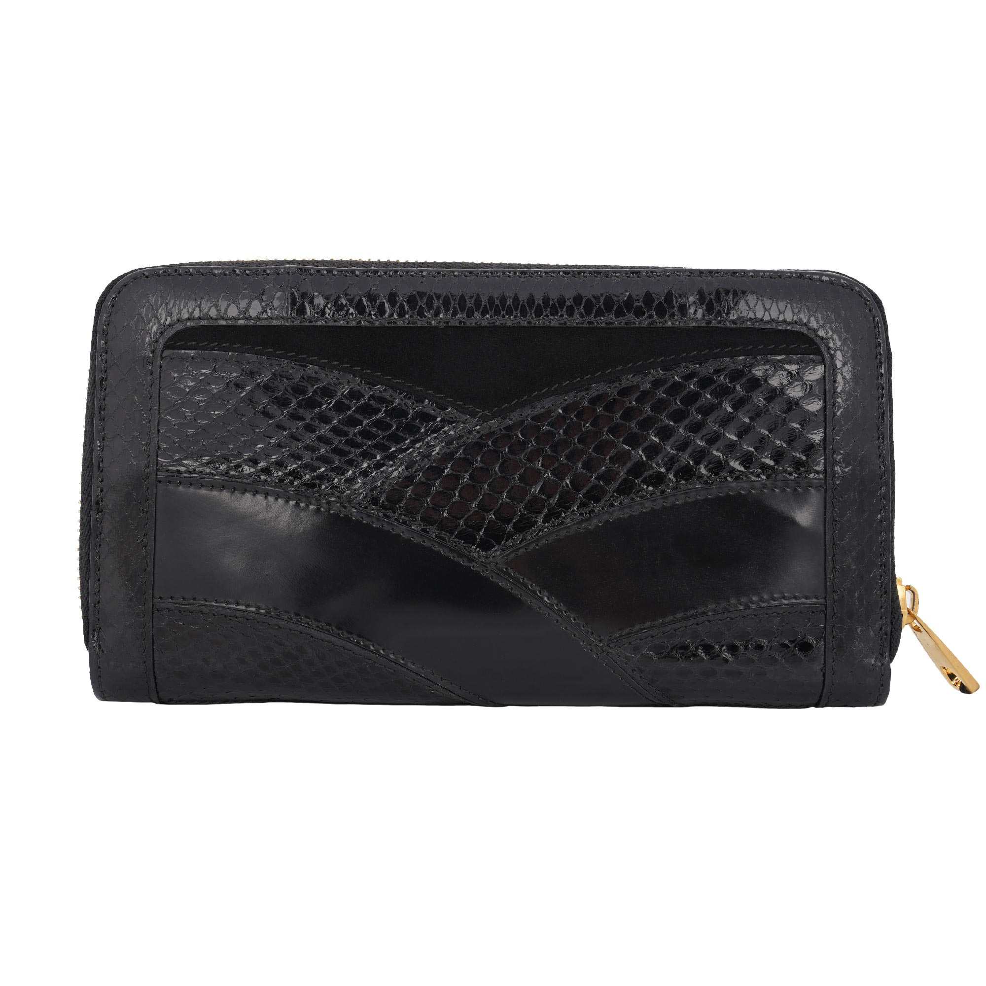 Patchwork Snakeskin Leather Zip-Around Wallet Purse Black