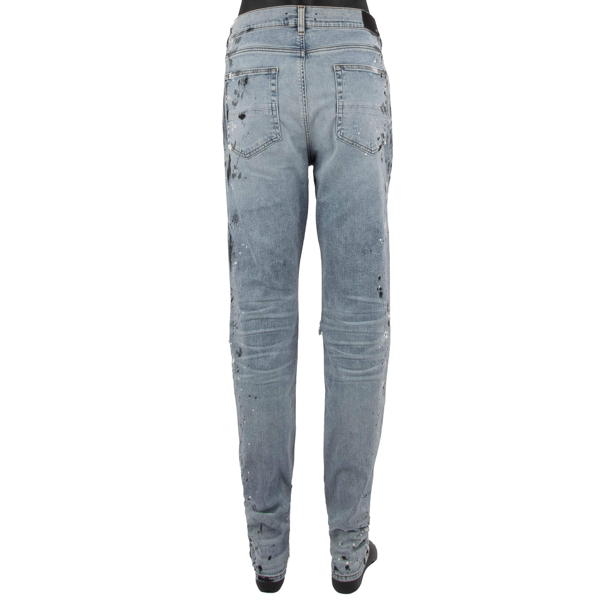 5-pockets Skinny Distressed Stretch Painter MX1 Jeans in Vintage Blue with unique color splashes and elastic inserts by AMIRI