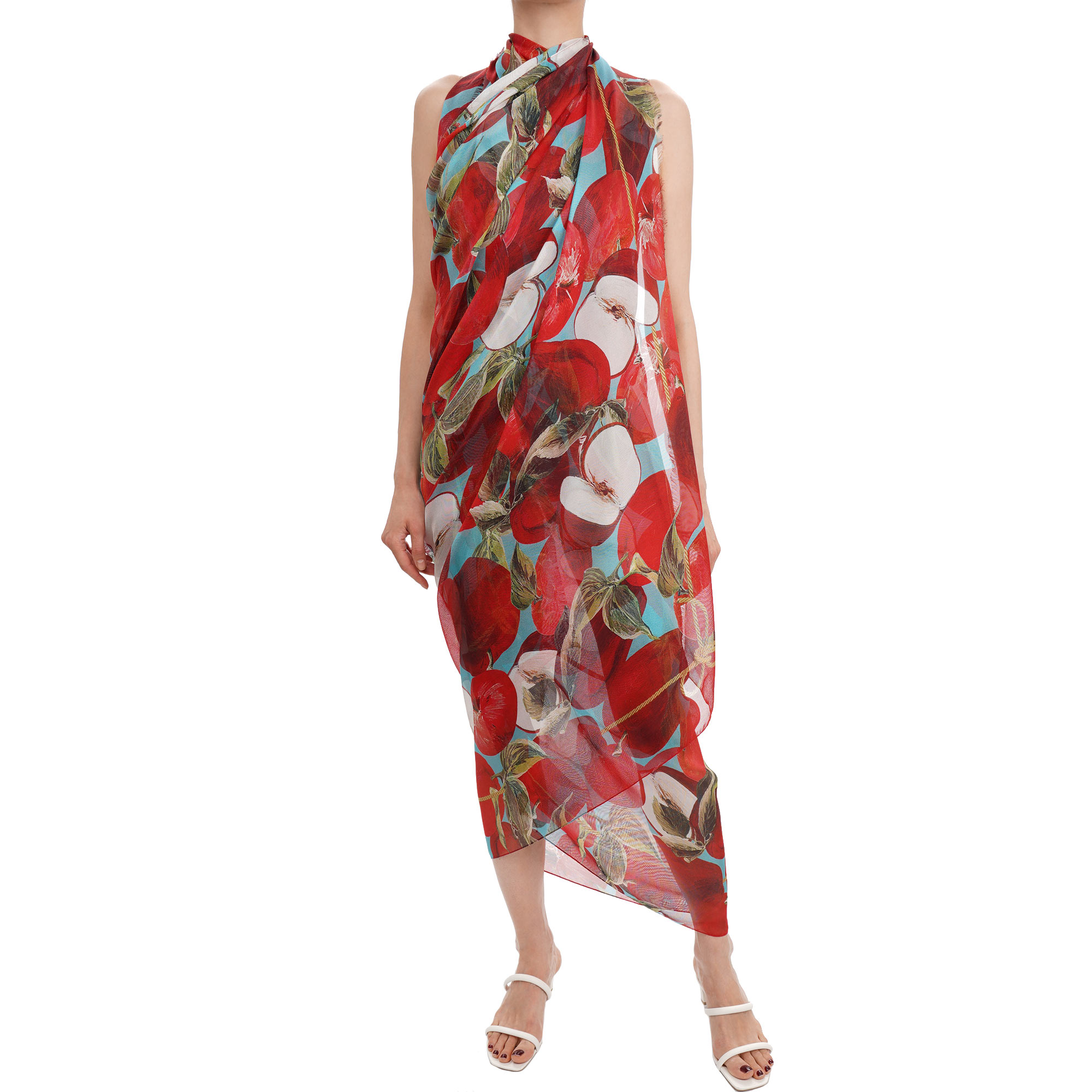 Apfel Print Großer Seide Schal Foulard Rot Blau