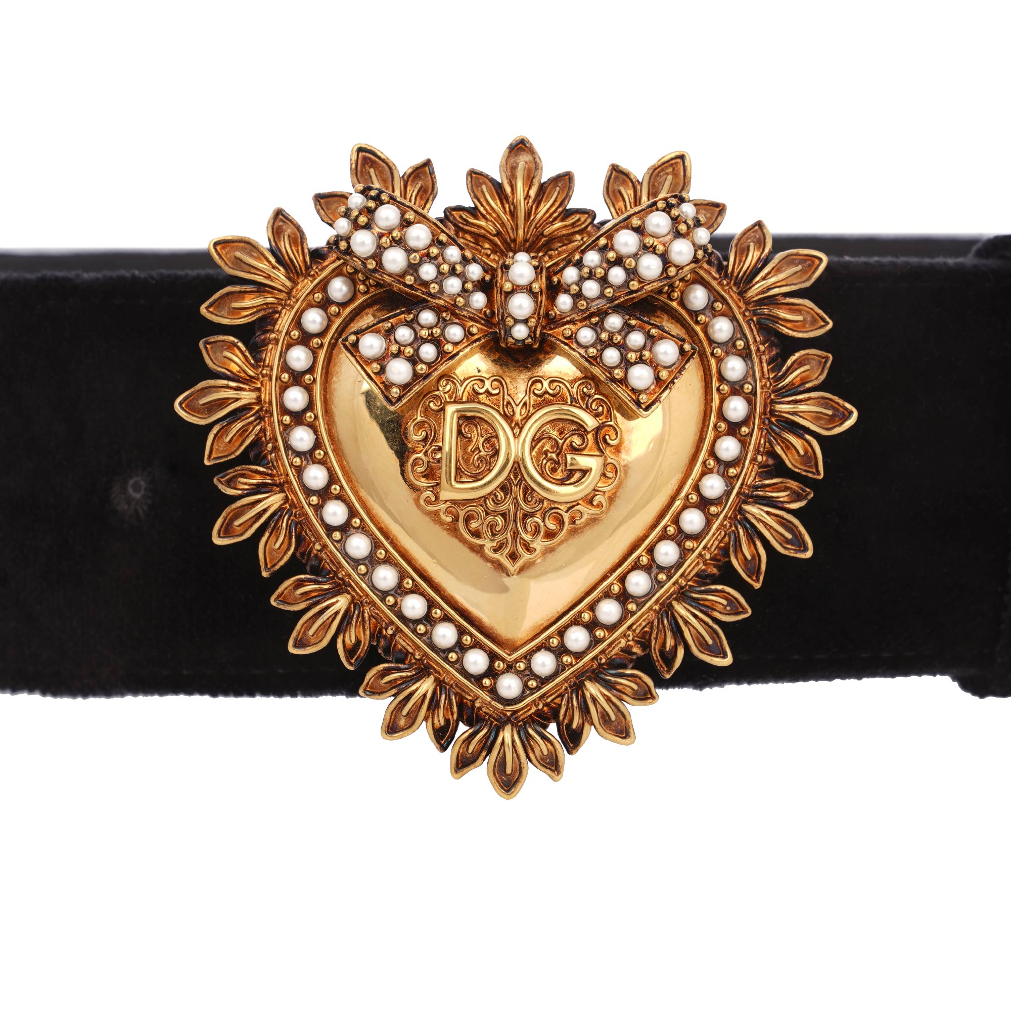 DEVOTION Gürtel aus Leder und Samt mit Metall Perlen Herz in Schwarz und Gold von DOLCE & GABBANA 