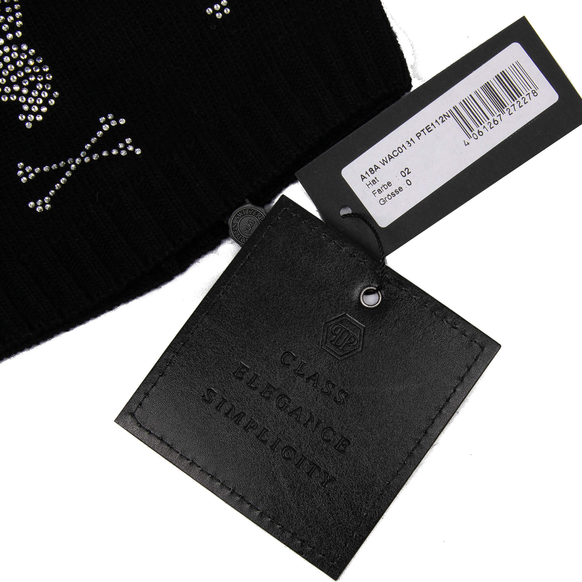 Wool and Cashmere blend knit beanie hat with six crystals Bunny Skull logos and fox fur pompon by PHILIPP PLEIN x PLAYBOY