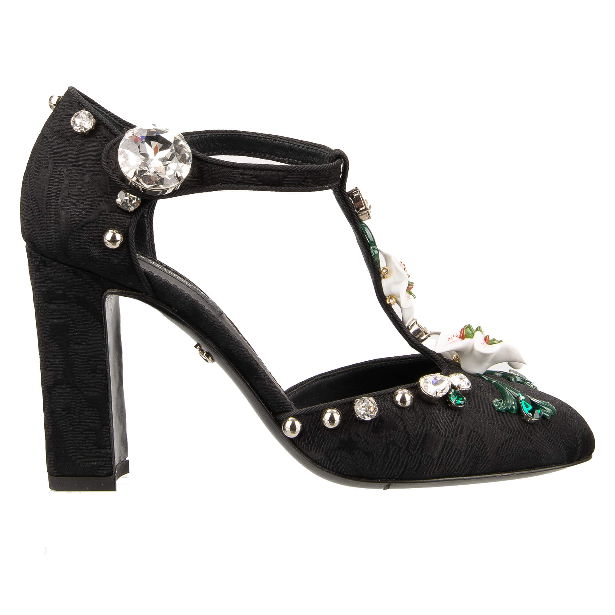 Brocade Ankle Strap Pumps VALLY in pink with hand painted lily flowers, crystals and pearls in black by DOLCE & GABBANA