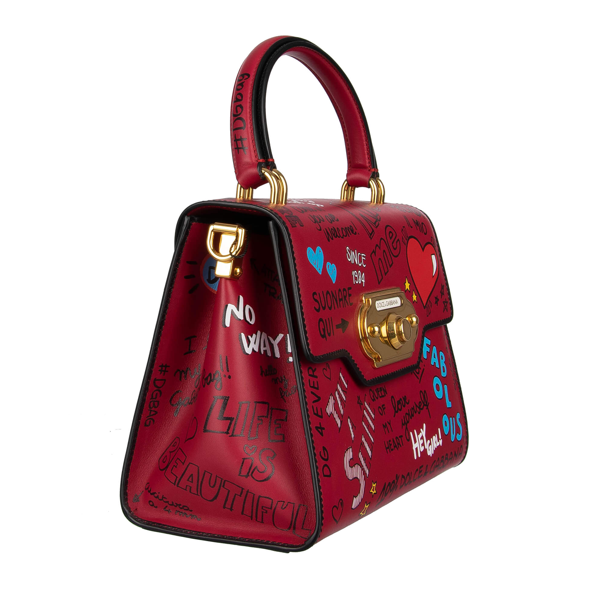 Mural Graffiti Printed leather Tote / Shoulder Bag WELCOME Medium with double handle and letterings "Take a Selfie", "Hey Girl", "In Case of Doubt Overdress", "Kiss me", "Be Different" and others by DOLCE & GABBANA