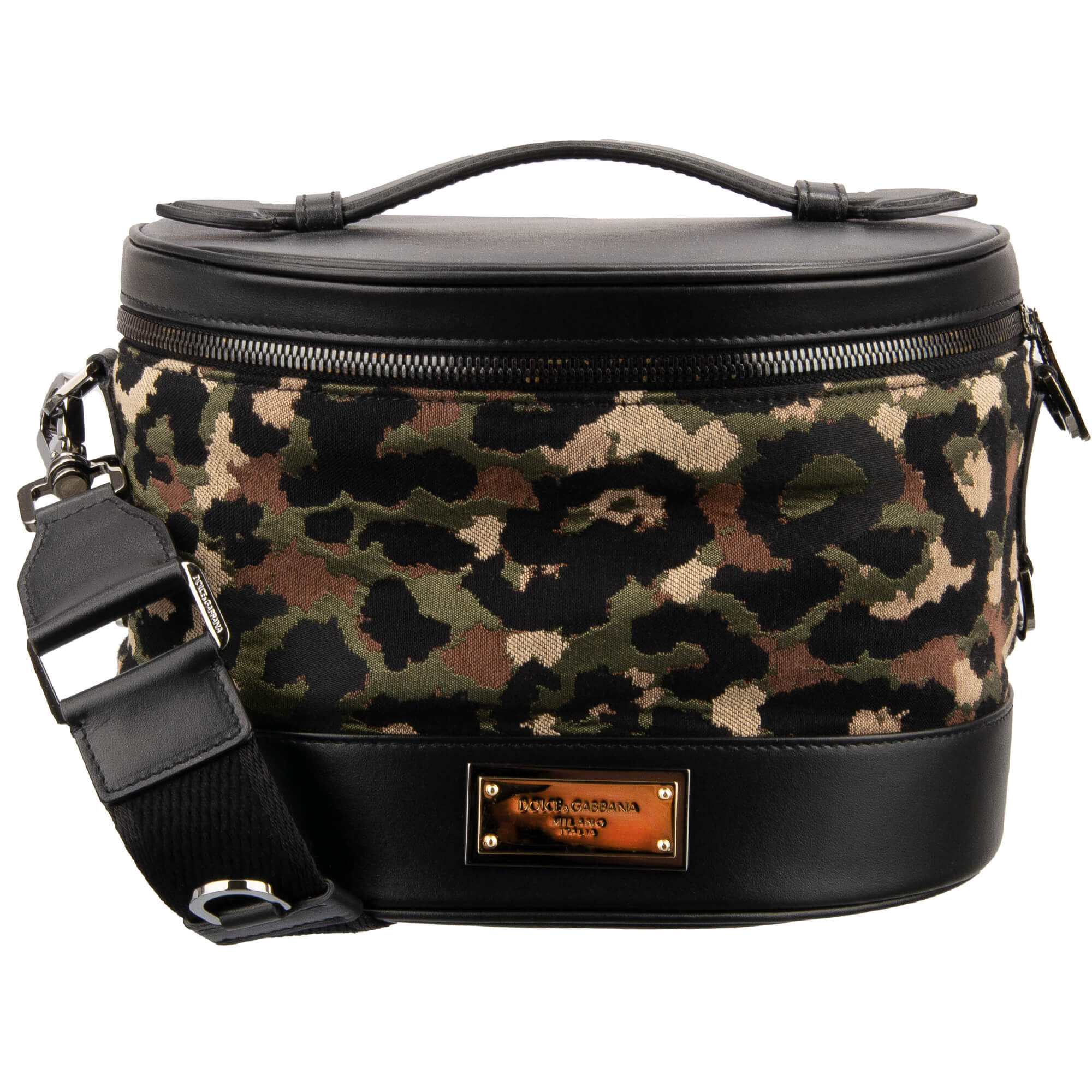 Leopard Camouflage Jacquard Leather DG Metal Gold Logo Bag Black 