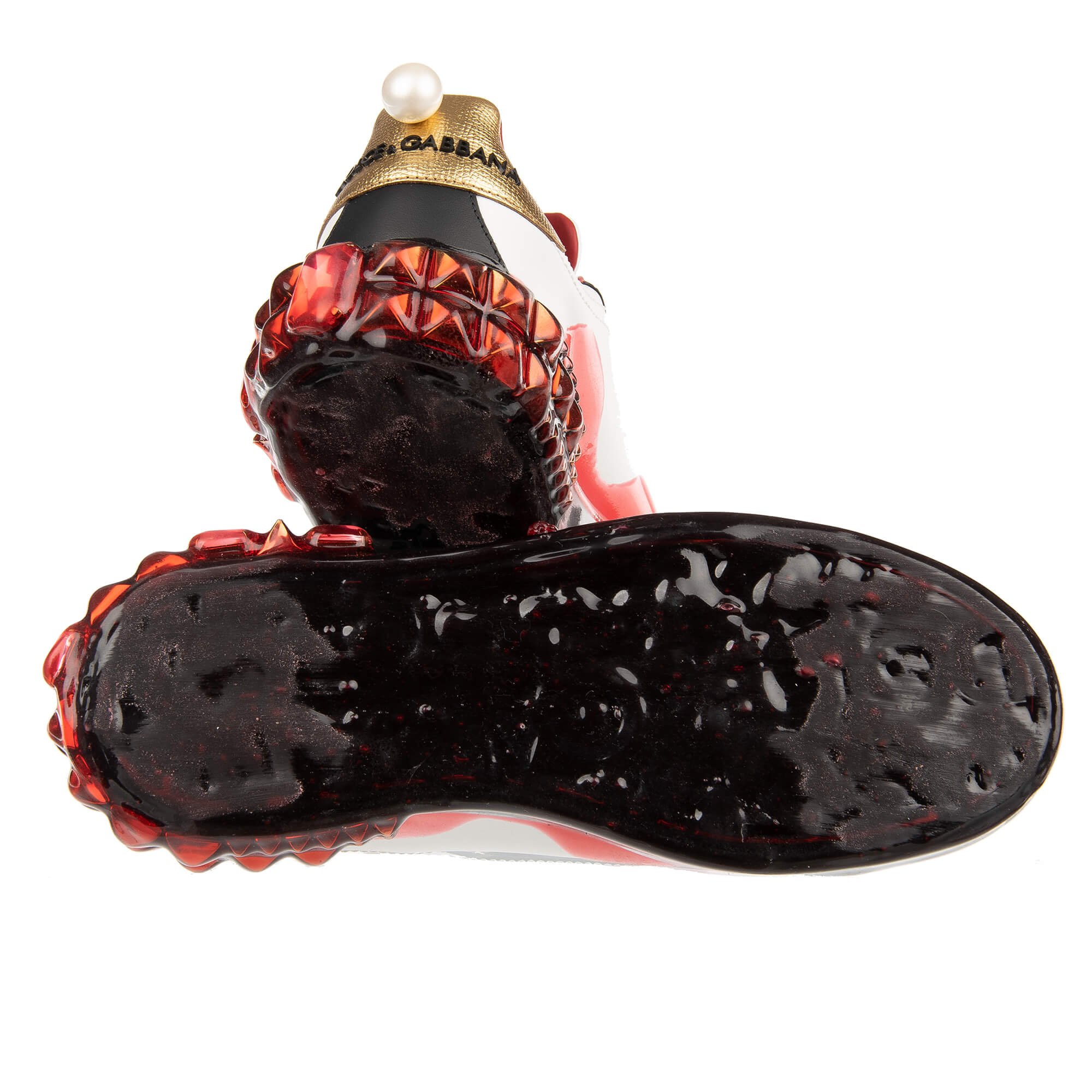 Leather Sneaker PORTOFINO with Pearls heart, studs, crystals, Royal Queen Graffiti and pearl on the back in black, gold, red and white by DOLCE & GABBANA