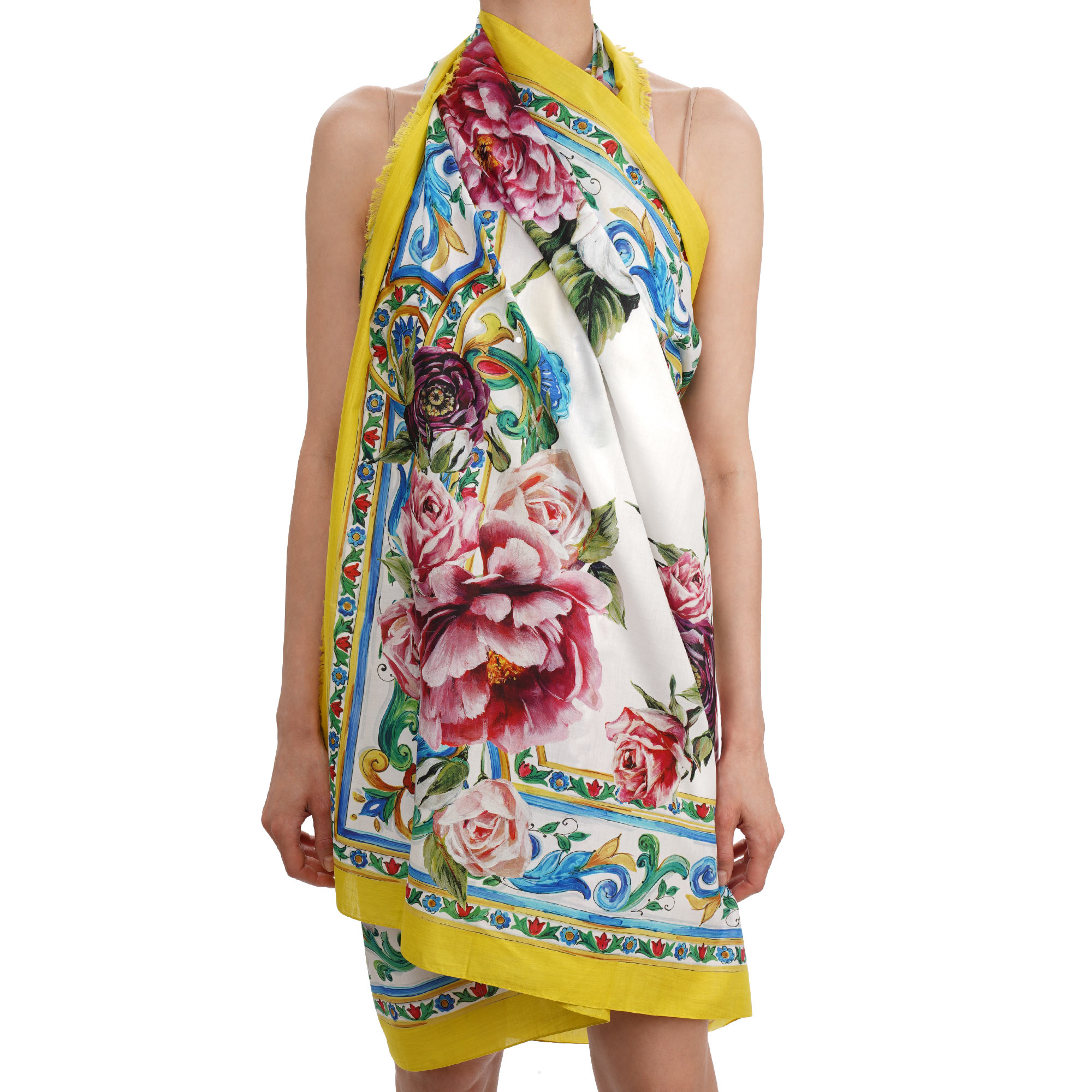 Majolica Rose Print Cotton Scarf Pareo Foulard White Yellow Pink
