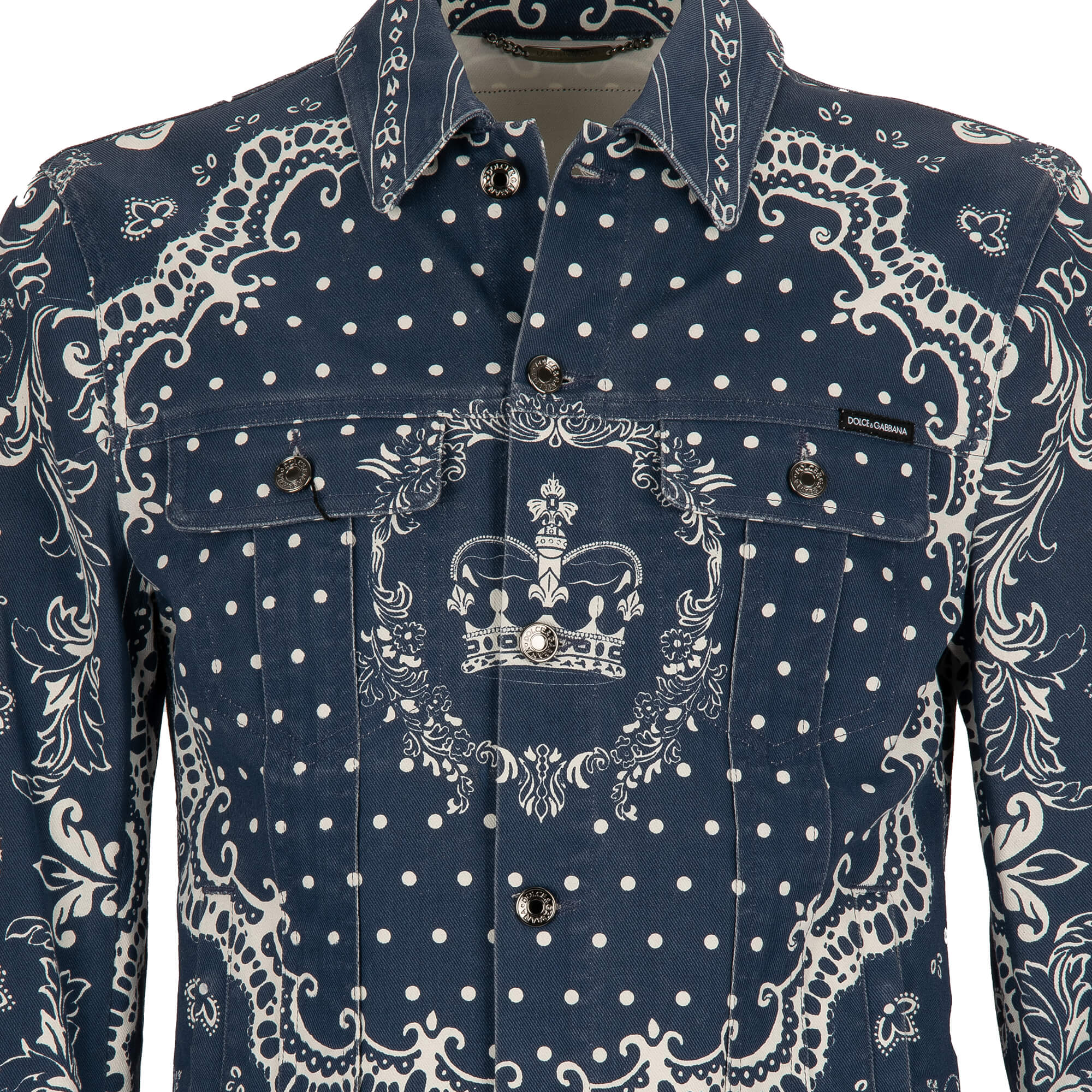 Bandana and crown printed denim / jeans jacket with pockets and logo plate by DOLCE & GABBANA