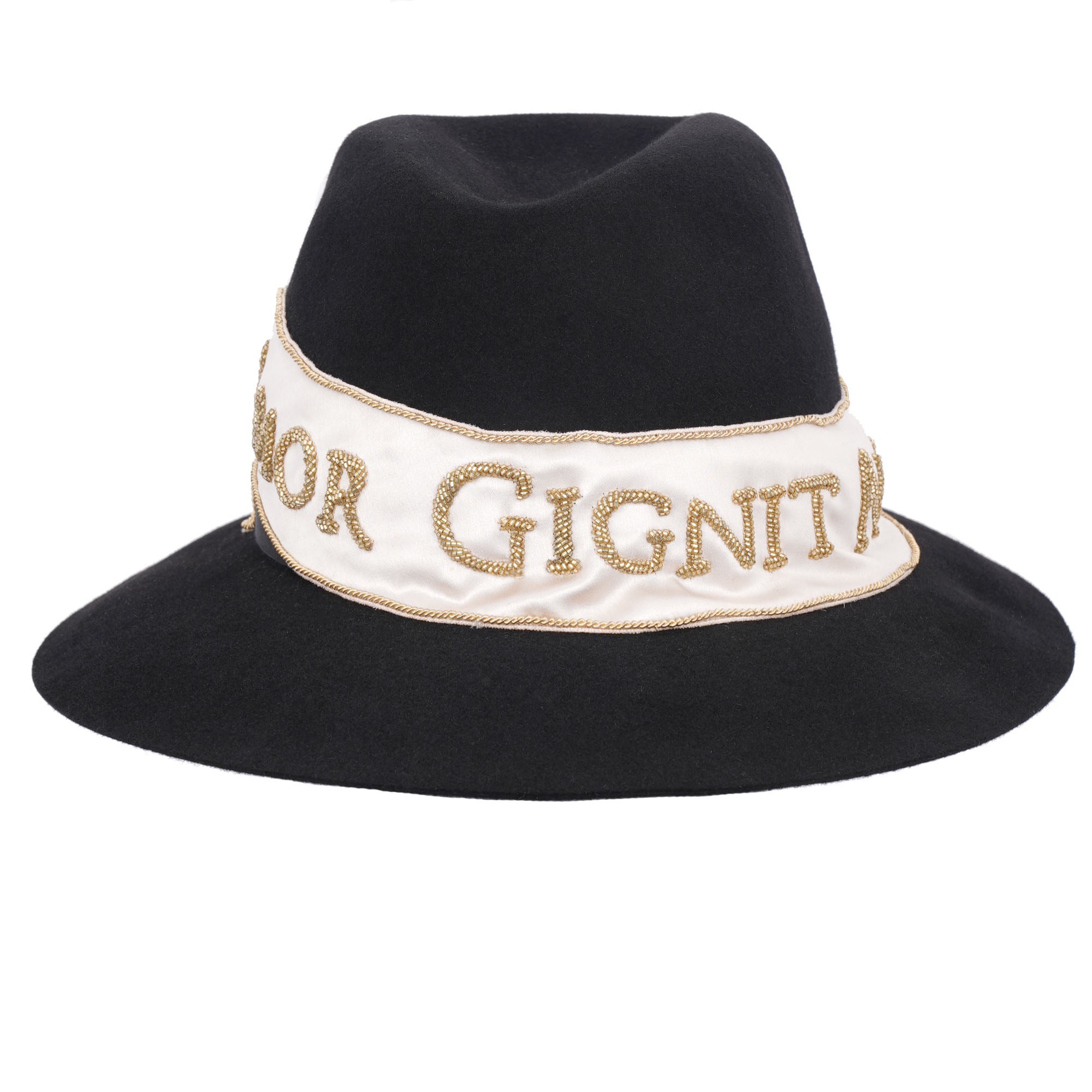 Rabbit fur Fedora Hat with AMOR GIGNIT AMOREM pearl embroidered silk ribbon by DOLCE & GABBANA 