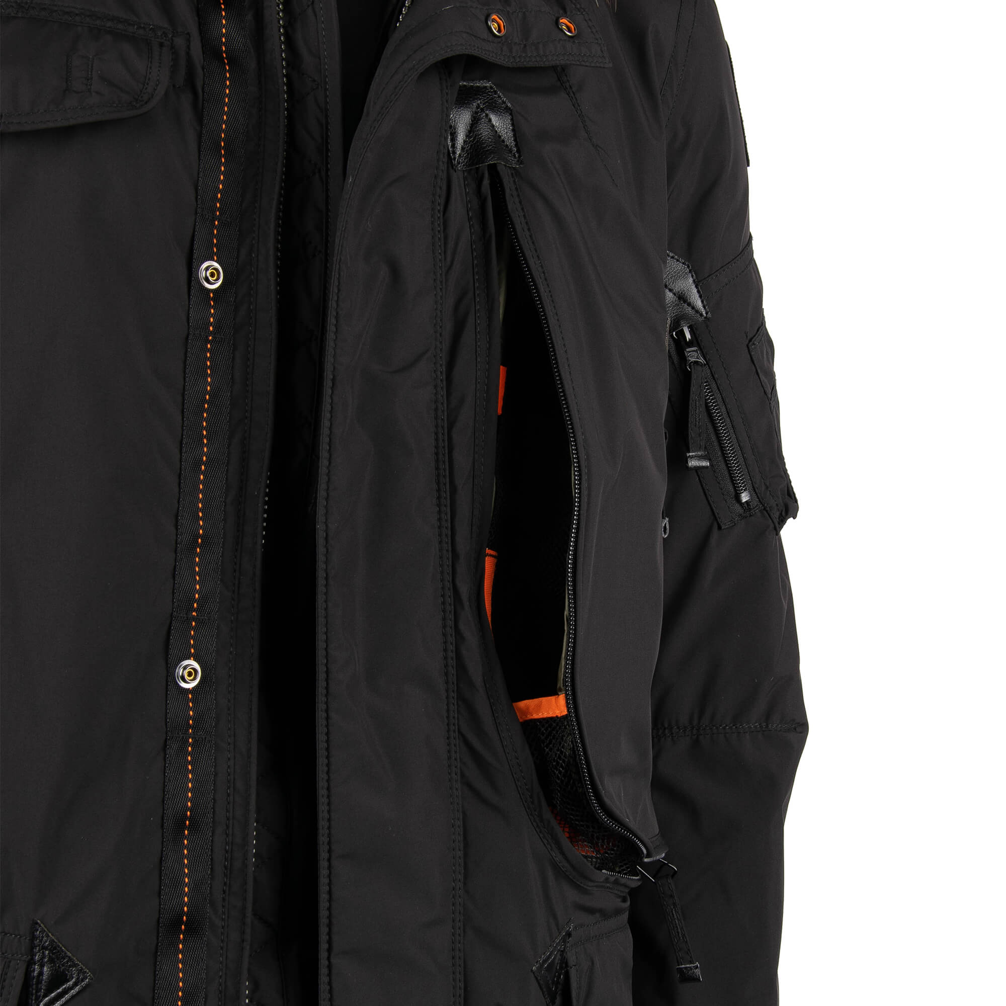 Parka / Daunenjacke RIGHT HAND LIGHT aus leichtem Polyester-Polyurethan-Popeline mit abnehmbarem Echtpelzbesatz, Kapuze, vielen Taschen und Daunenfutter in Raven Schwarz