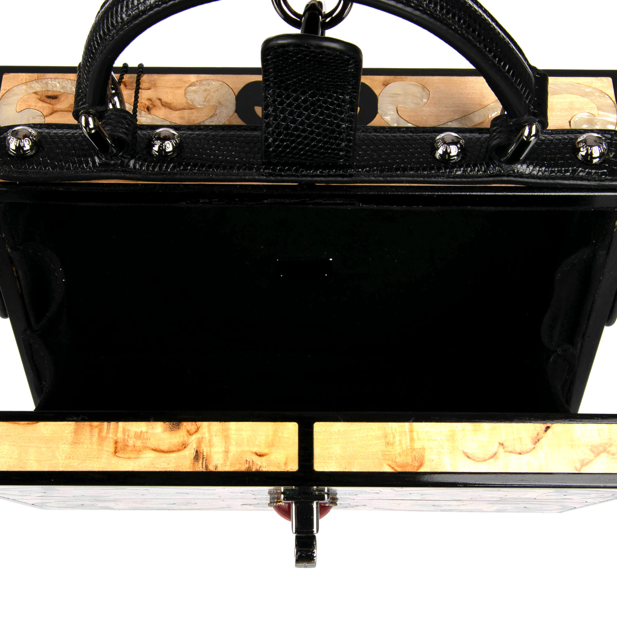 Einzigartige handgemachte und bemalte Tasche / Clutch / Schultertasche DOLCE BOX aus Holz mit dekorativem Schloss. großen Kristallen und Schulterriemen mit Eidechse Textur von DOLCE & GABBANA