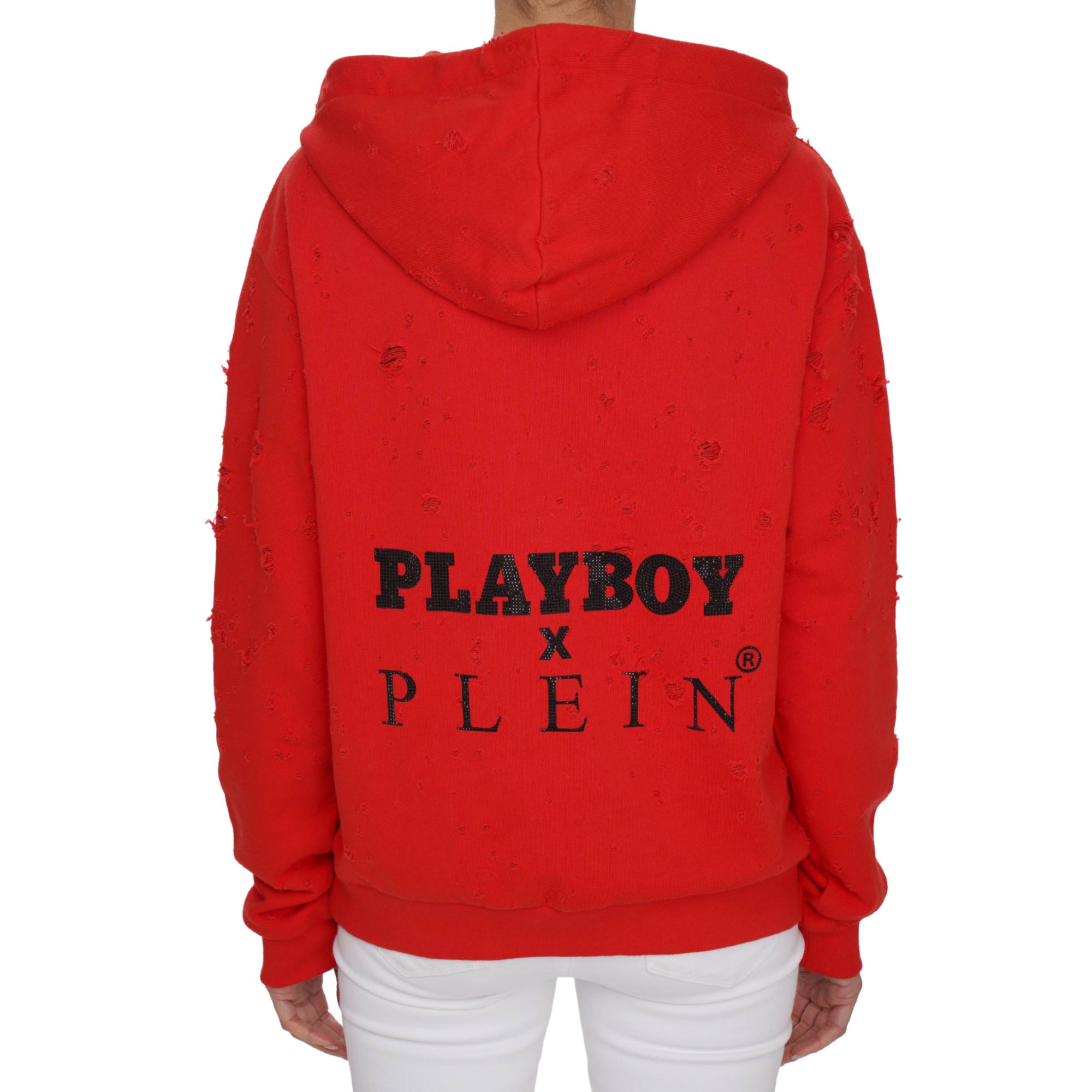 Destroyed Bunny Logo Printed Hoodie with Crystals Red S 08482