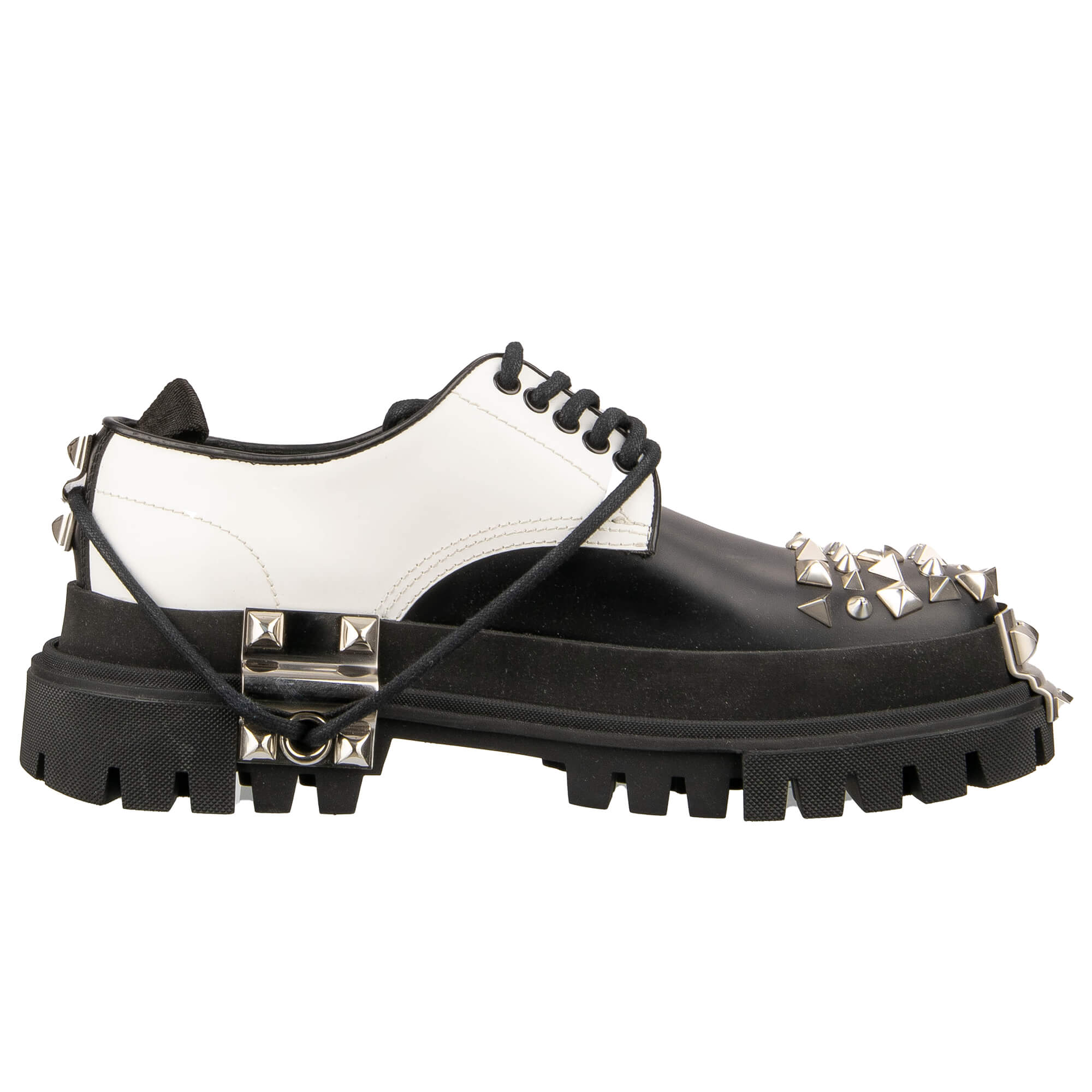 Leder Plateau Hi Trek Combat / Biker Stiefel mit Applikationen us Metall und großem DG Logo in Schwarz und Weiß von DOLCE & GABBANA