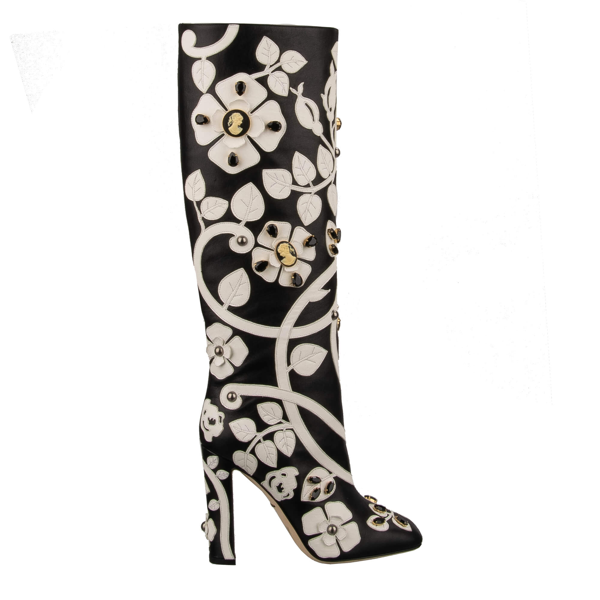 RUNWAY Kristall Kamee Leder Stiefel Boots Schwarz Weiß 
