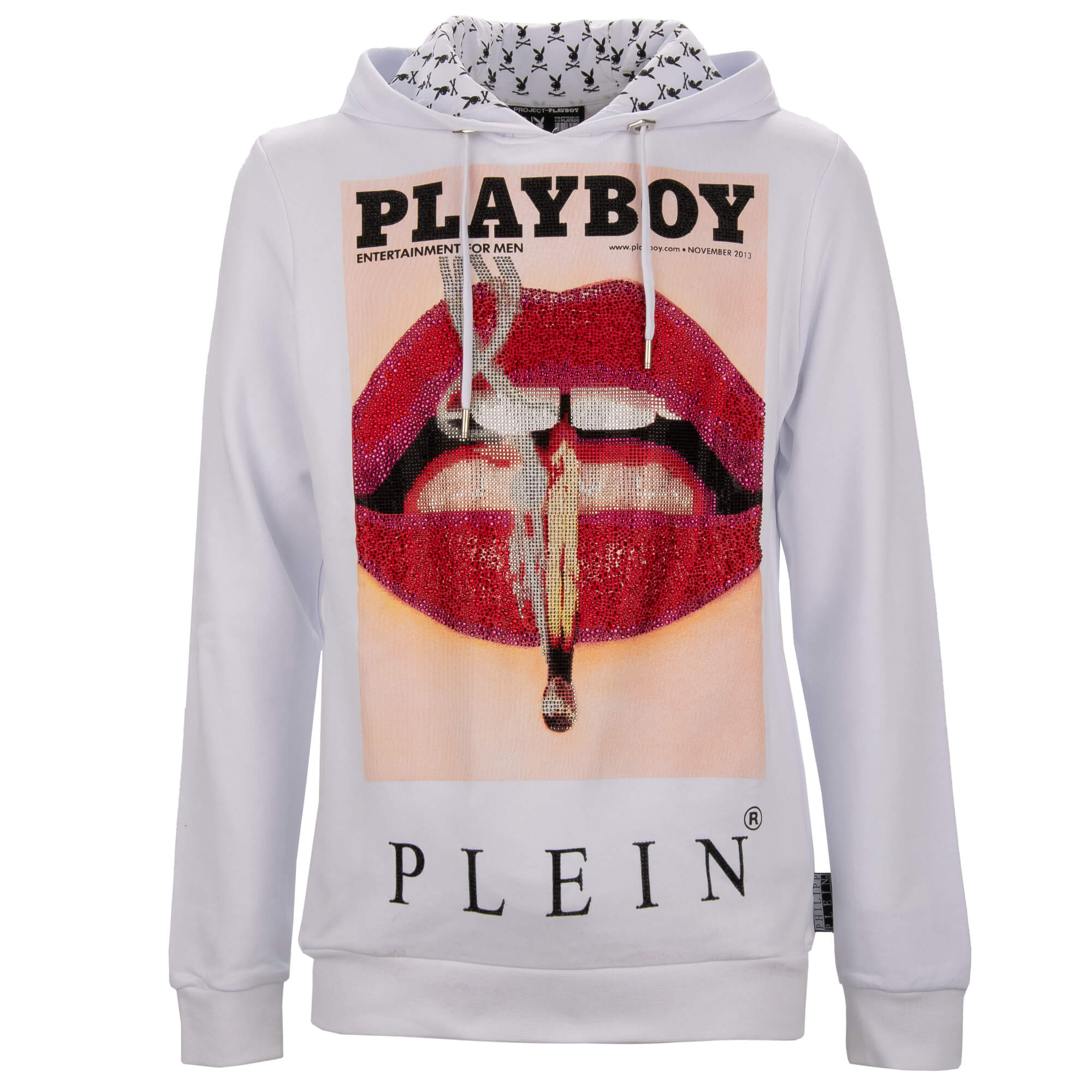Hoodie mit Lippen Cover Print, Logo und Kristallen Weiß