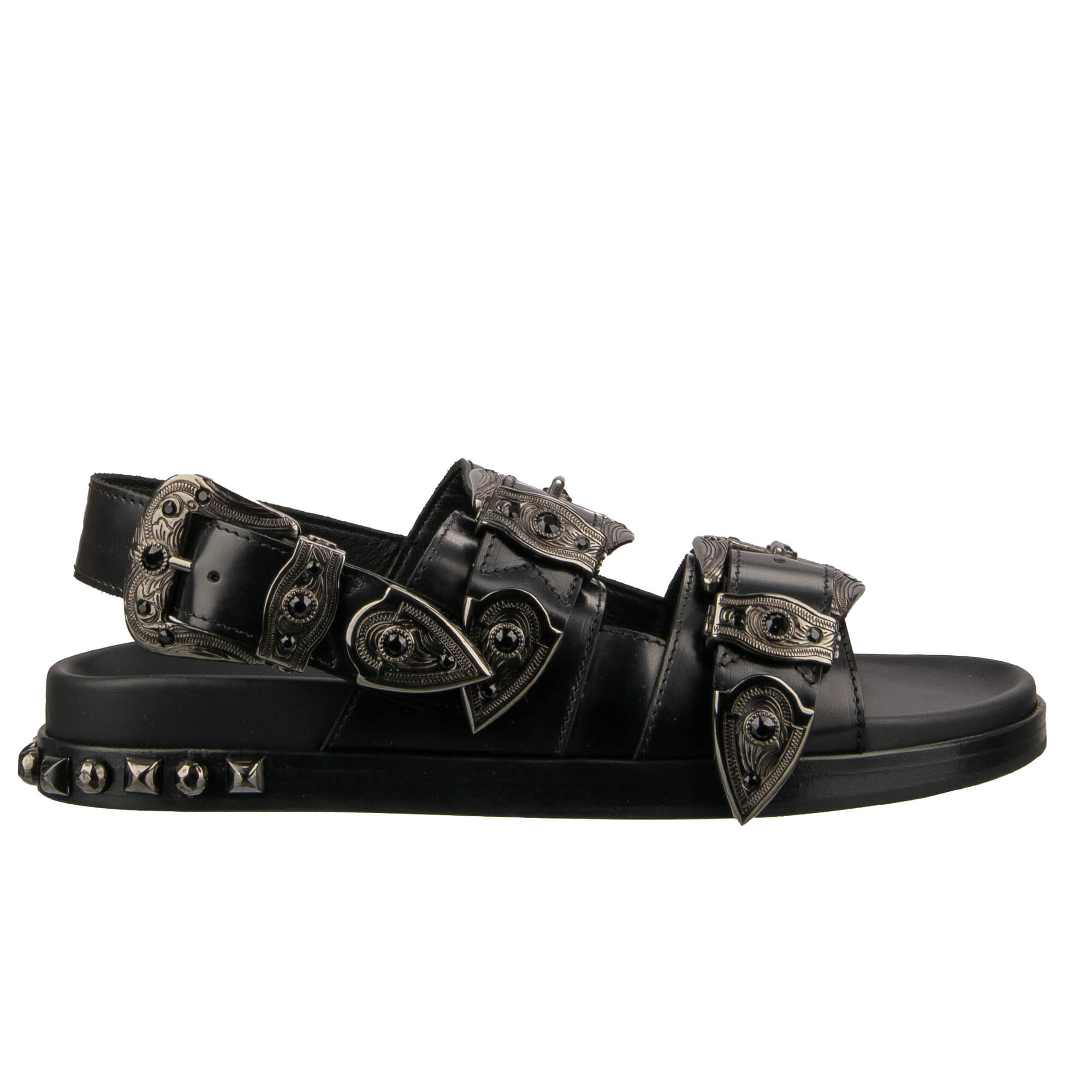 Leather Slides Sandals Shoes HAWAII with Crystals Metal Buckles Black Silver 44 US 11