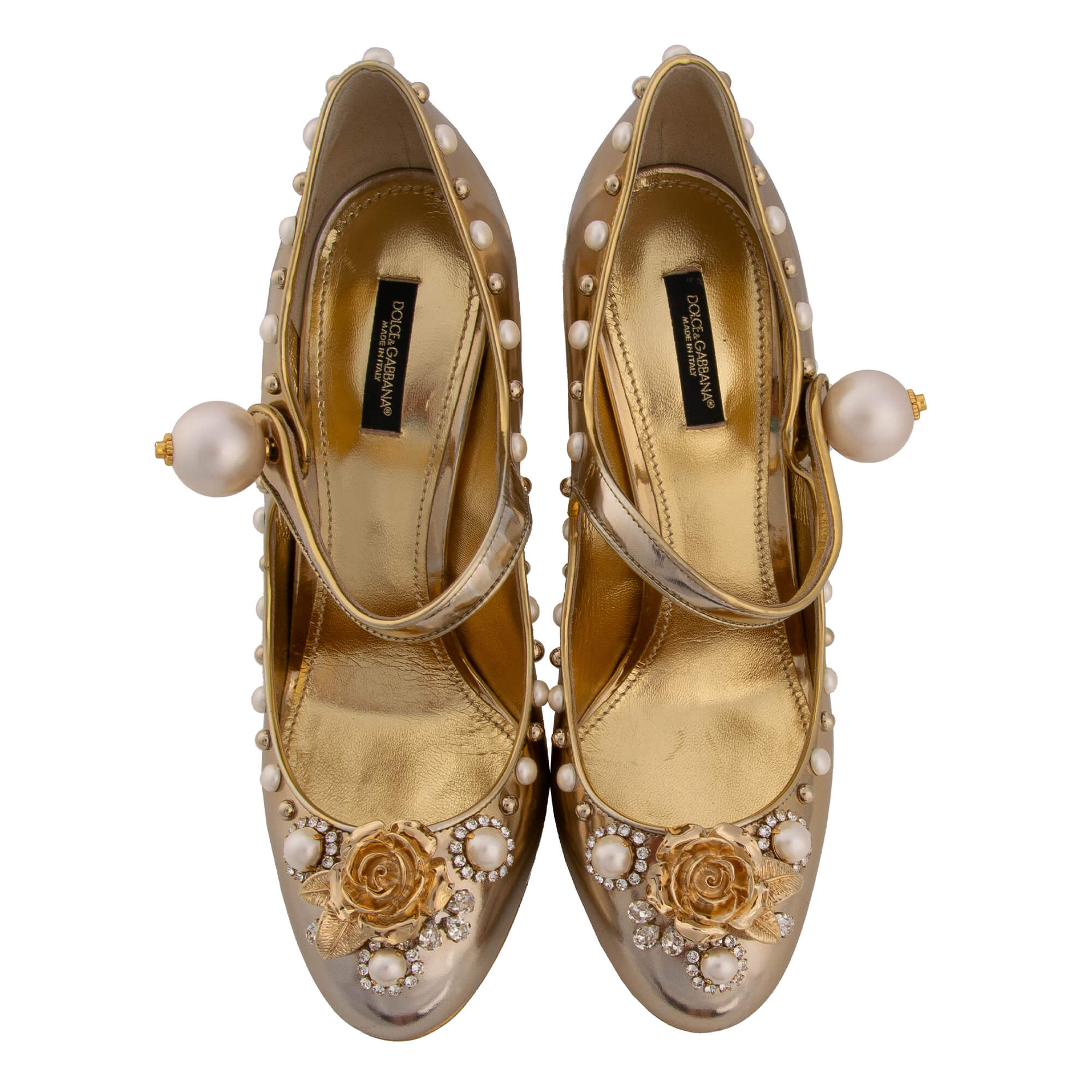 Patent leather Mary Jane Pumps VALLY with crystal pearls, elastic button closure and rose in gold by DOLCE & GABBANA