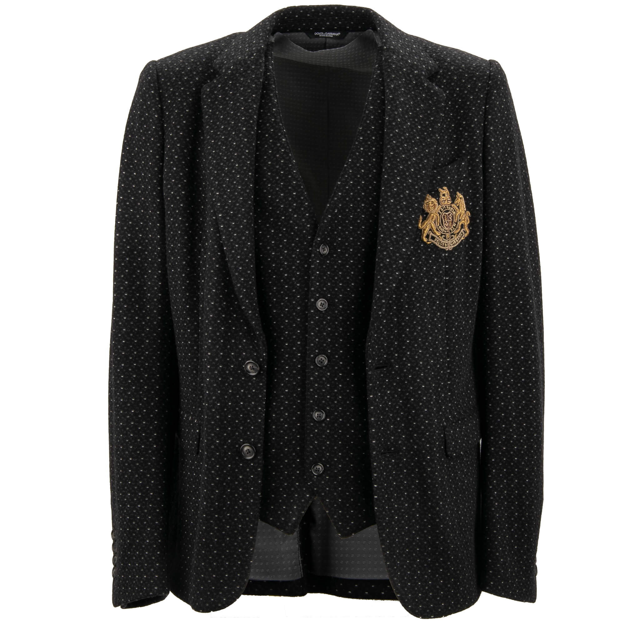 Polka Dot Sakko mit Weste aus Kaschmir und Seide mit aus besticktem DG Logo Löwen Wappen in Schwarz von DOLCE & GABBANA