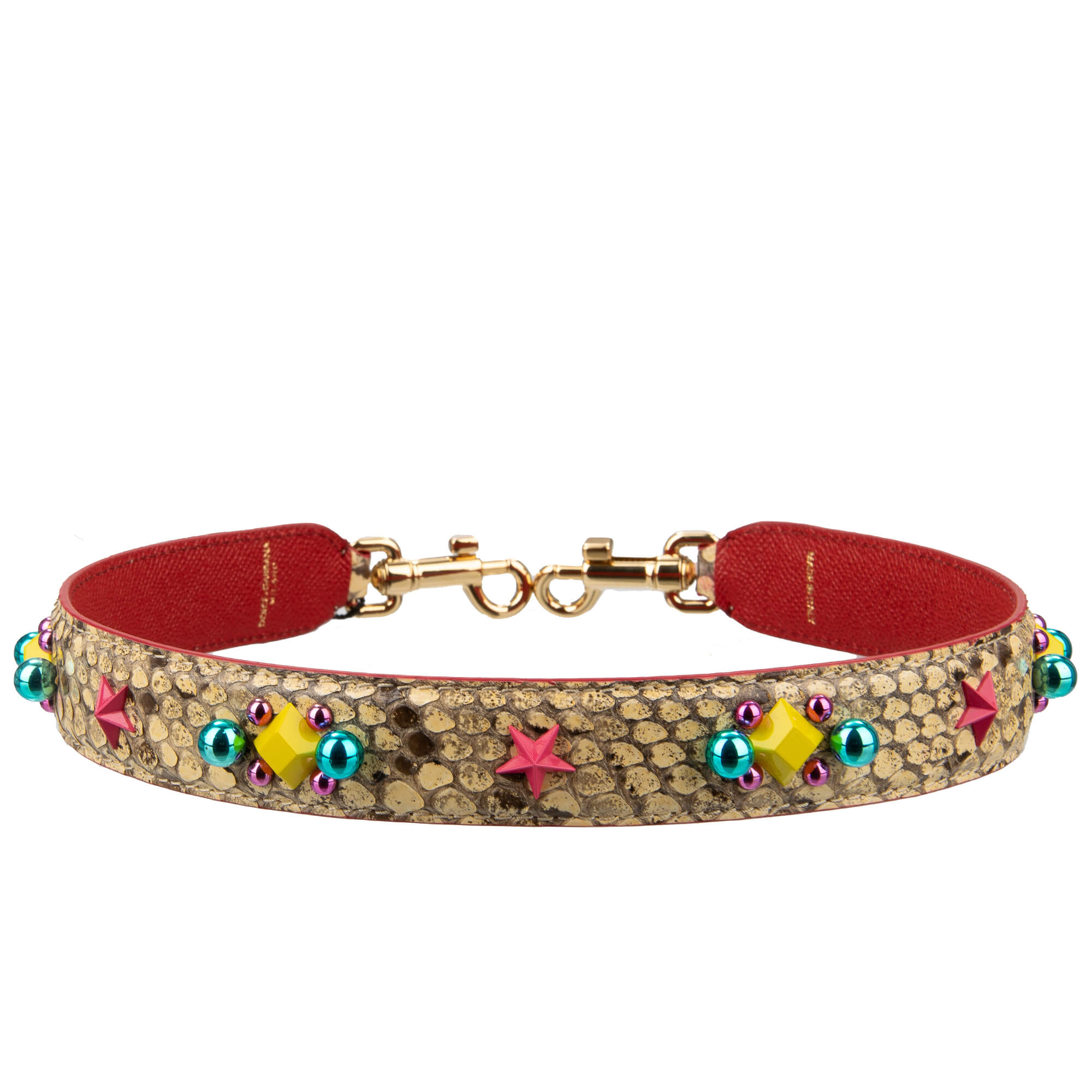 Pearl Stud Snake Leather Bag Strap Handle Beige Red