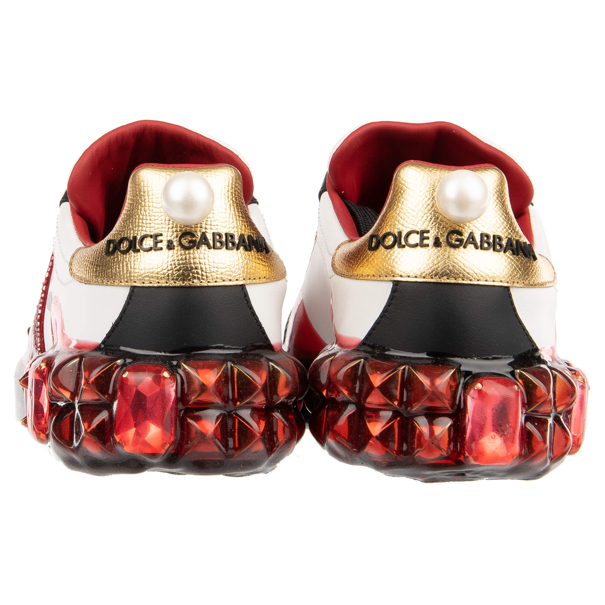 Leather Sneaker PORTOFINO with Pearls heart, studs, crystals, Royal Queen Graffiti and pearl on the back in black, gold, red and white by DOLCE & GABBANA