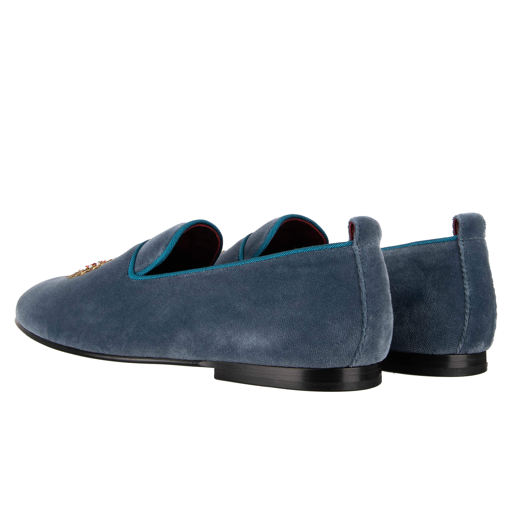 Velvet loafer shoes YOUNG POPE with sequins embroidered heart and DG logo in azure blue by DOLCE & GABBANA
