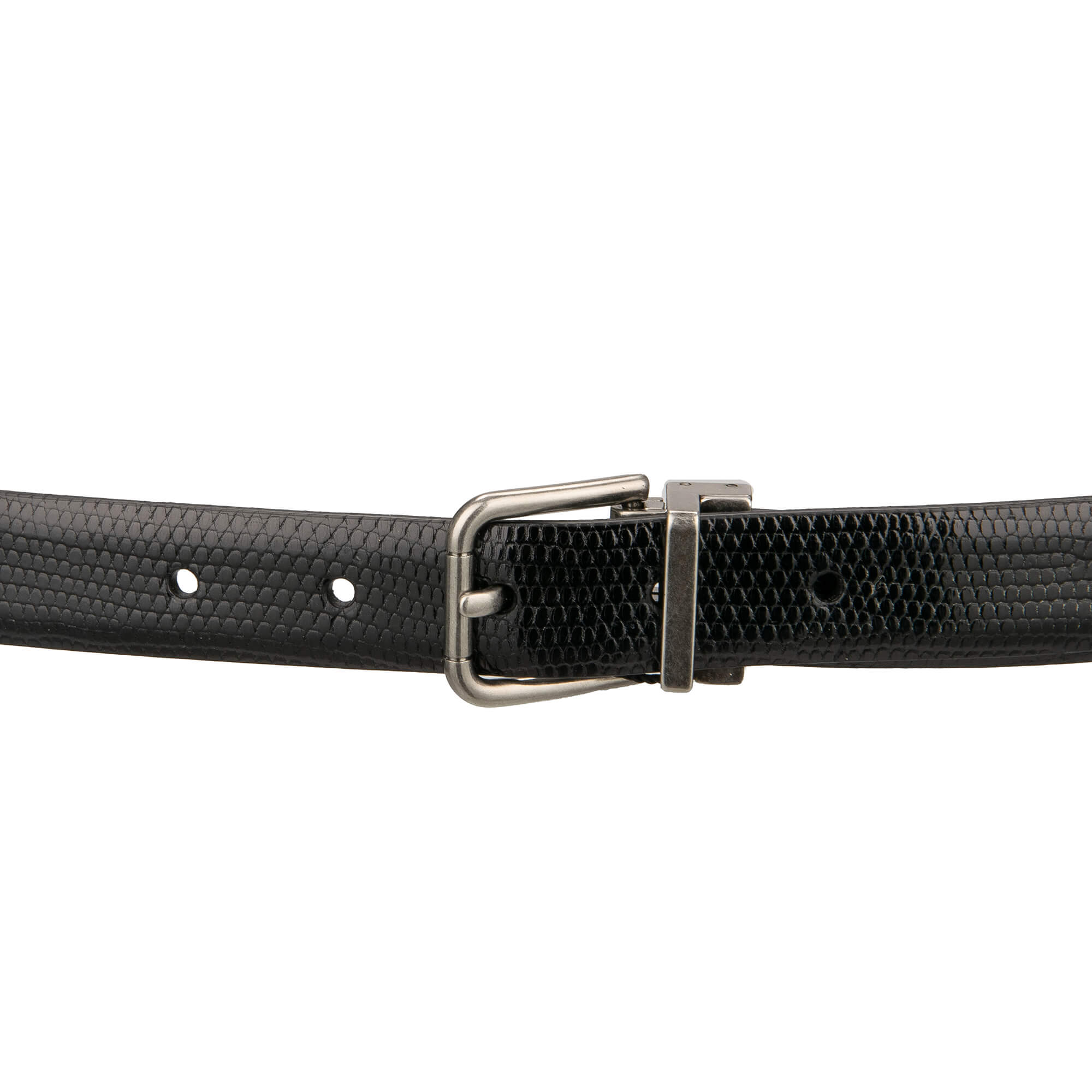 Lizard leather belt with antique silver metal buckle in black by DOLCE & GABBANA