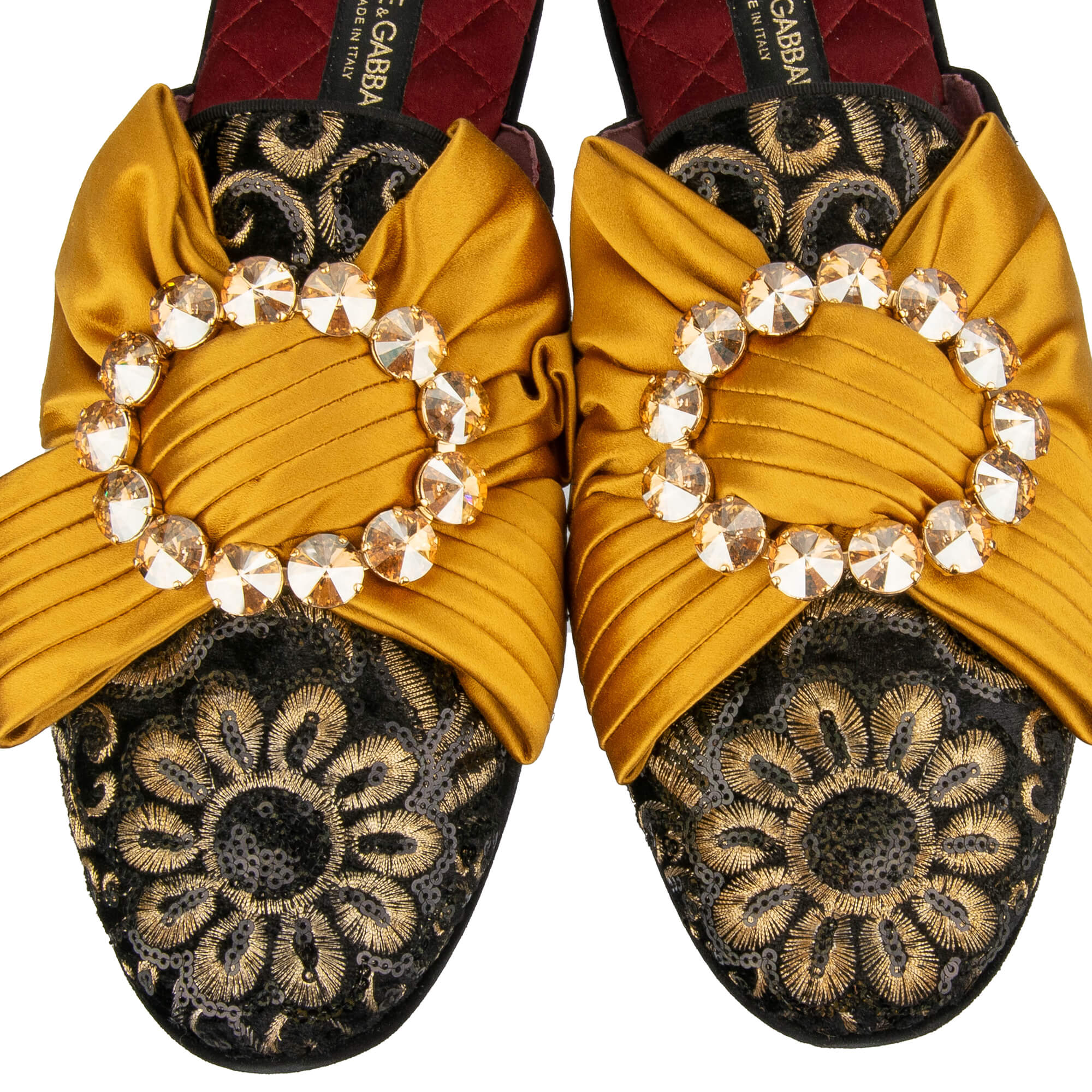 Velvet leather slipper shoes MARCELLO with crystals brooch silk bow and sequins embroidery in black and gold by DOLCE & GABBANA
