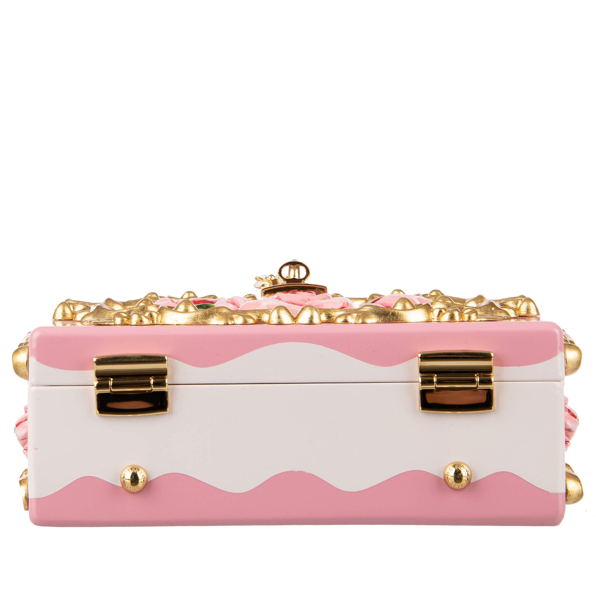 Ceramic vases inspired, hand-painted Top Handle Clutch Bag / Handbag DOLCE BOX made of wood with embossed roses and studs and decorative padlock with enamel flower by DOLCE & GABBANA