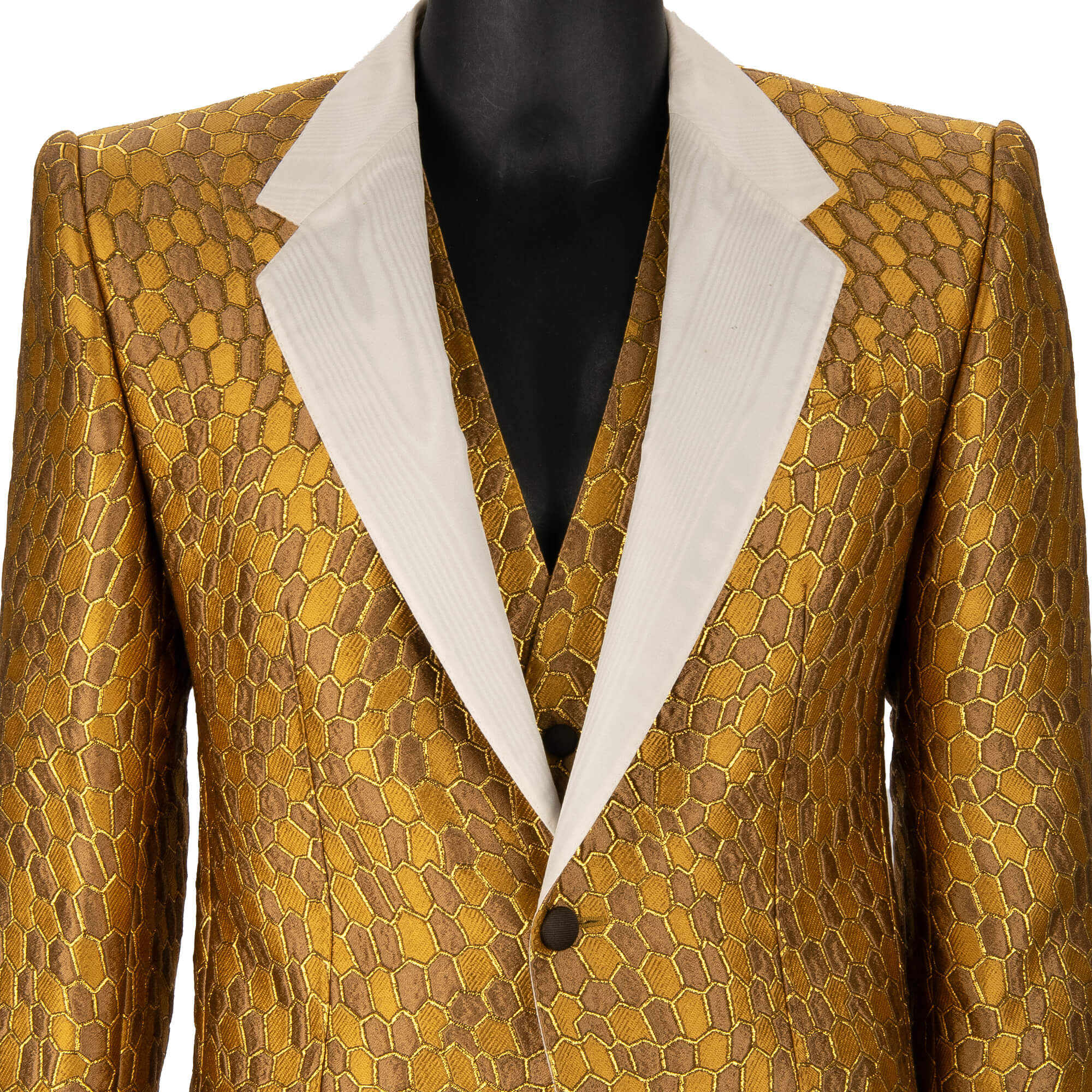 3-Teile Anzug aus Jacquard mit gekürztem Blazer und fallendem Revers in Gold und Weiß von DOLCE & GABBANA 