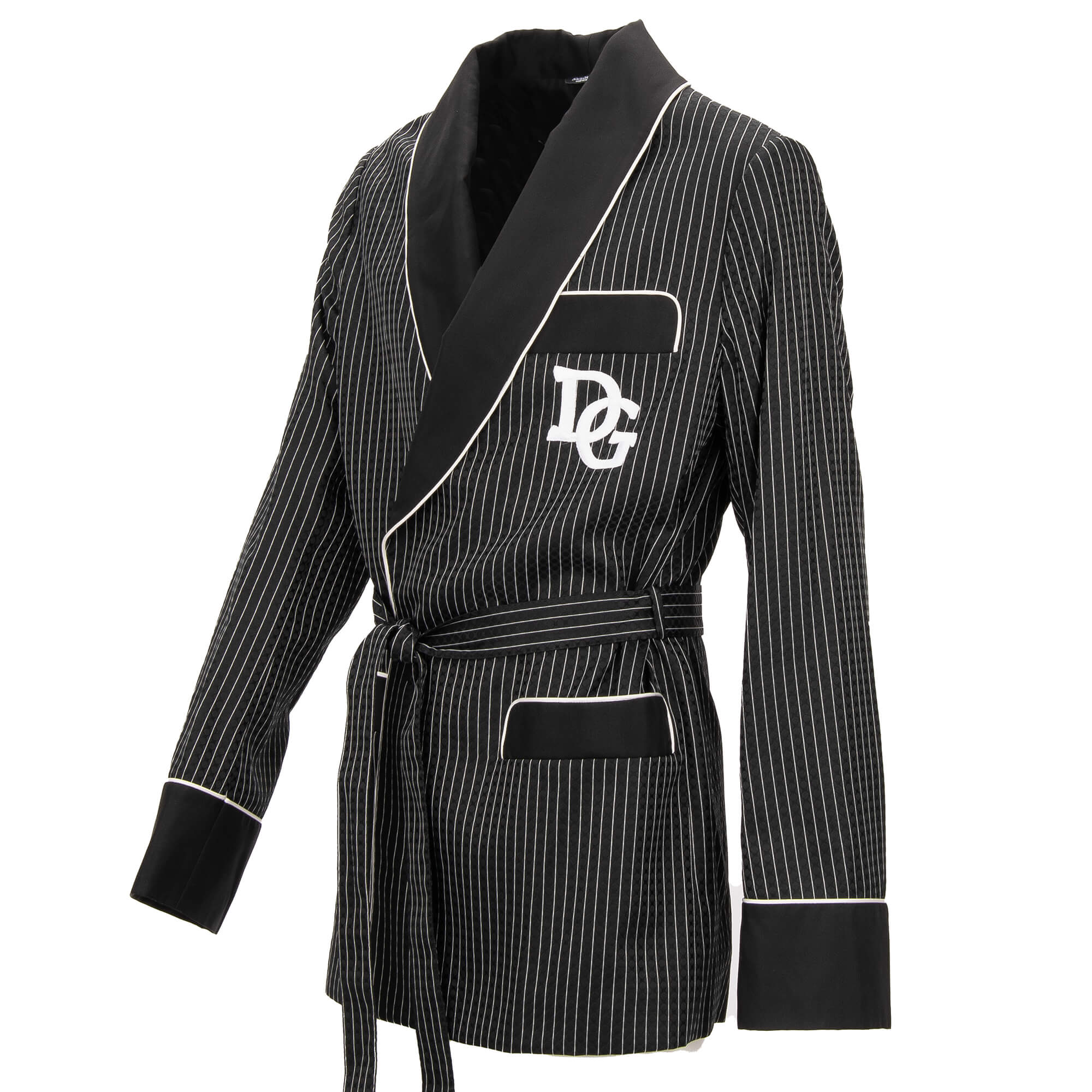 Striped silk blend jacquard Robe / Blazer with DG logo embroidery and belt fastening in white and black by DOLCE & GABBANA