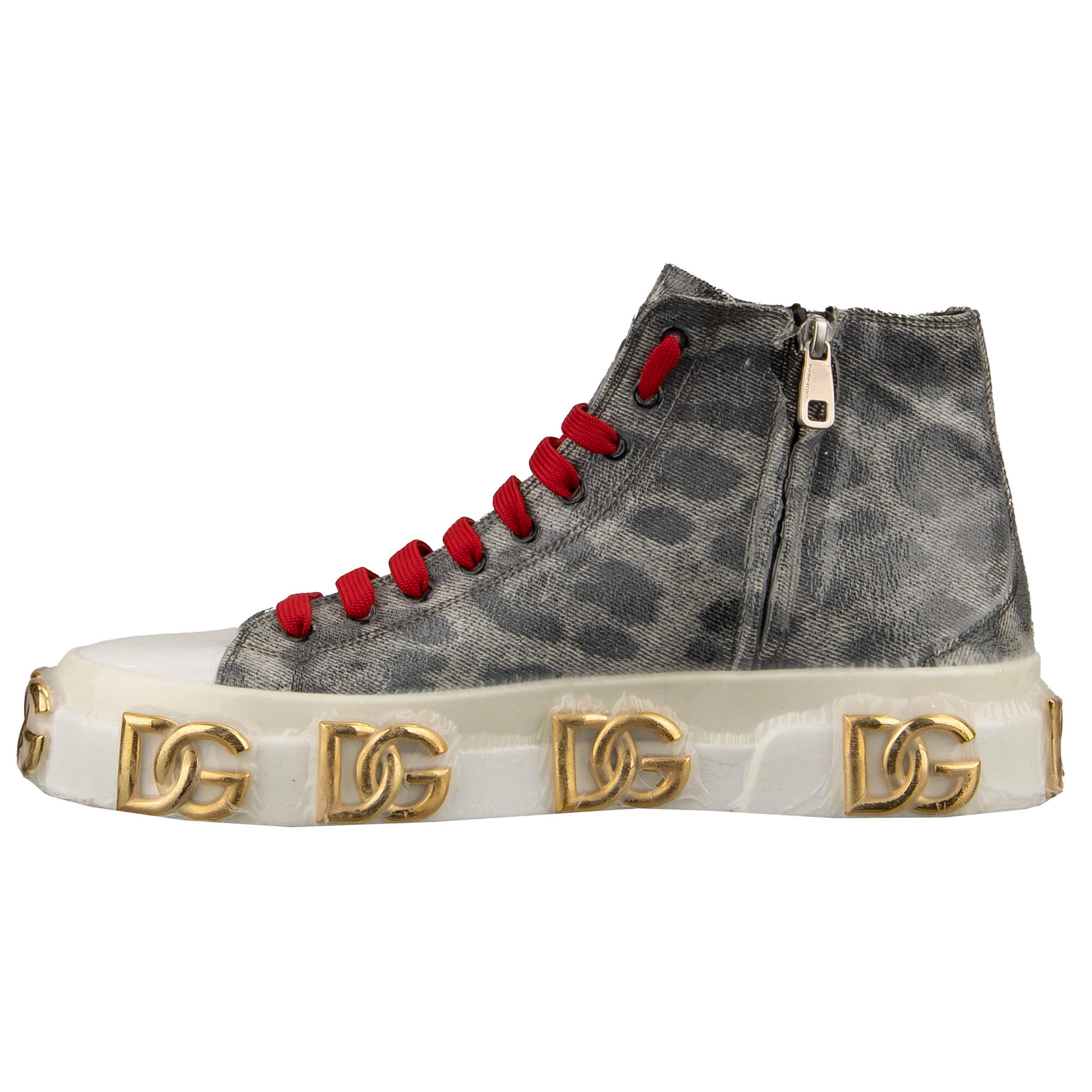 High Top Leopard Stoff und Leder Sneaker PORTOFINO mit DG Gold Logo und Plastik Folie Design in Grau und Weiß von DOLCE & GABBANA