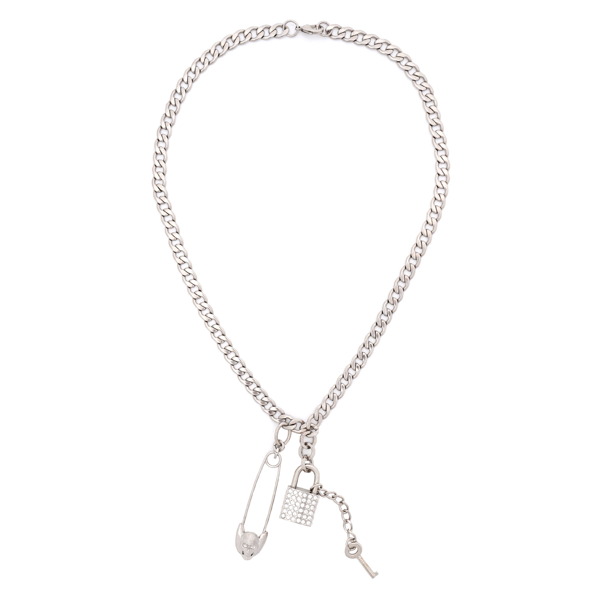 Kristall Totenkopf Pin Schloss Schlüssel Collier Kette Silber