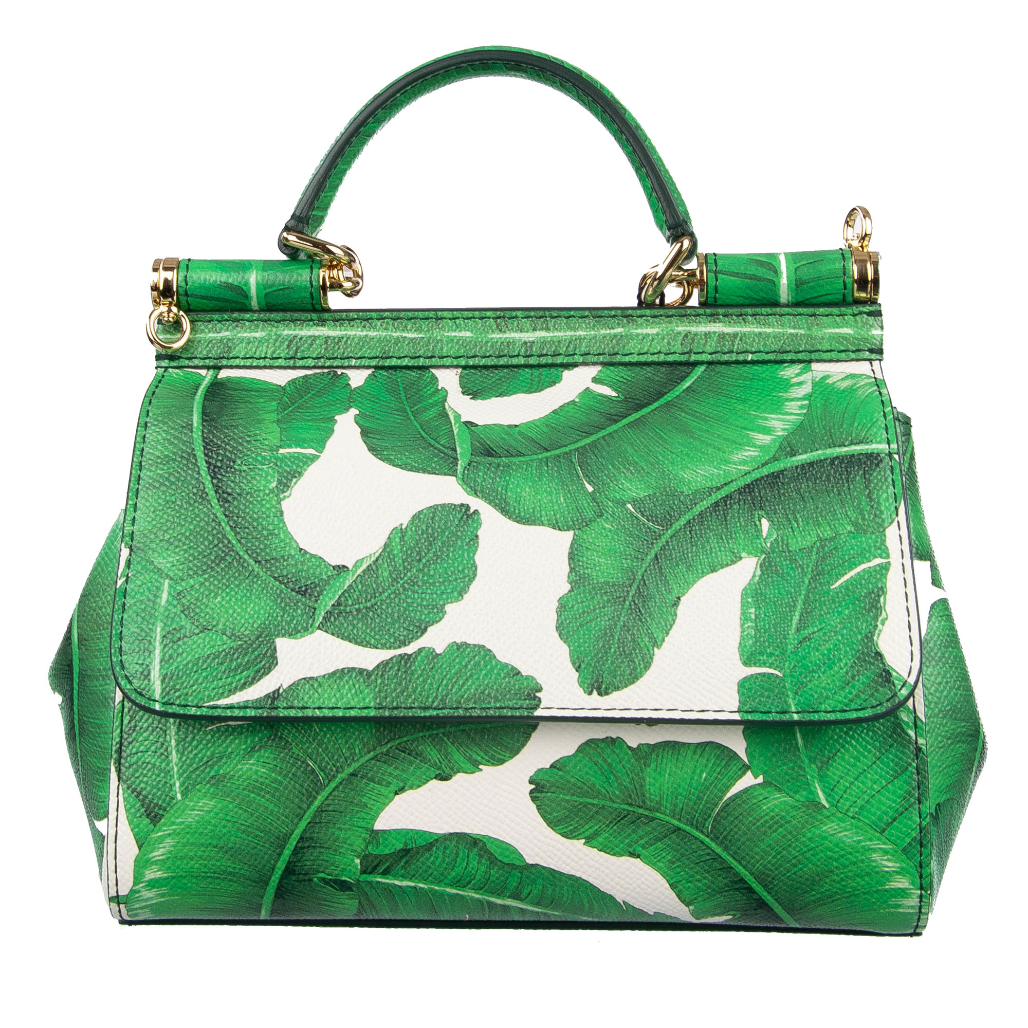 Hand- / Schultertasche SICILY Mini aus Dauphine Leder mit Bananenblätter / Palmen Print und Logo Schild von DOLCE & GABBANA