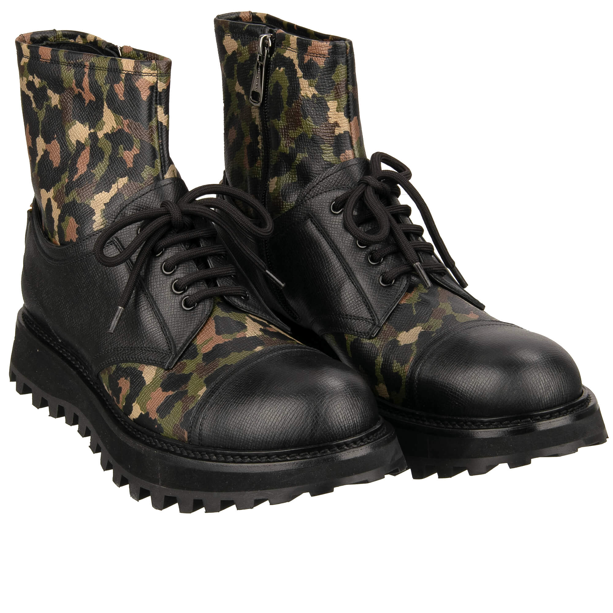 Combat Stiefeletten BERNINI aus Dauphine Leder mit Logo Schild in Camouflage und Schwarz von DOLCE & GABBANA