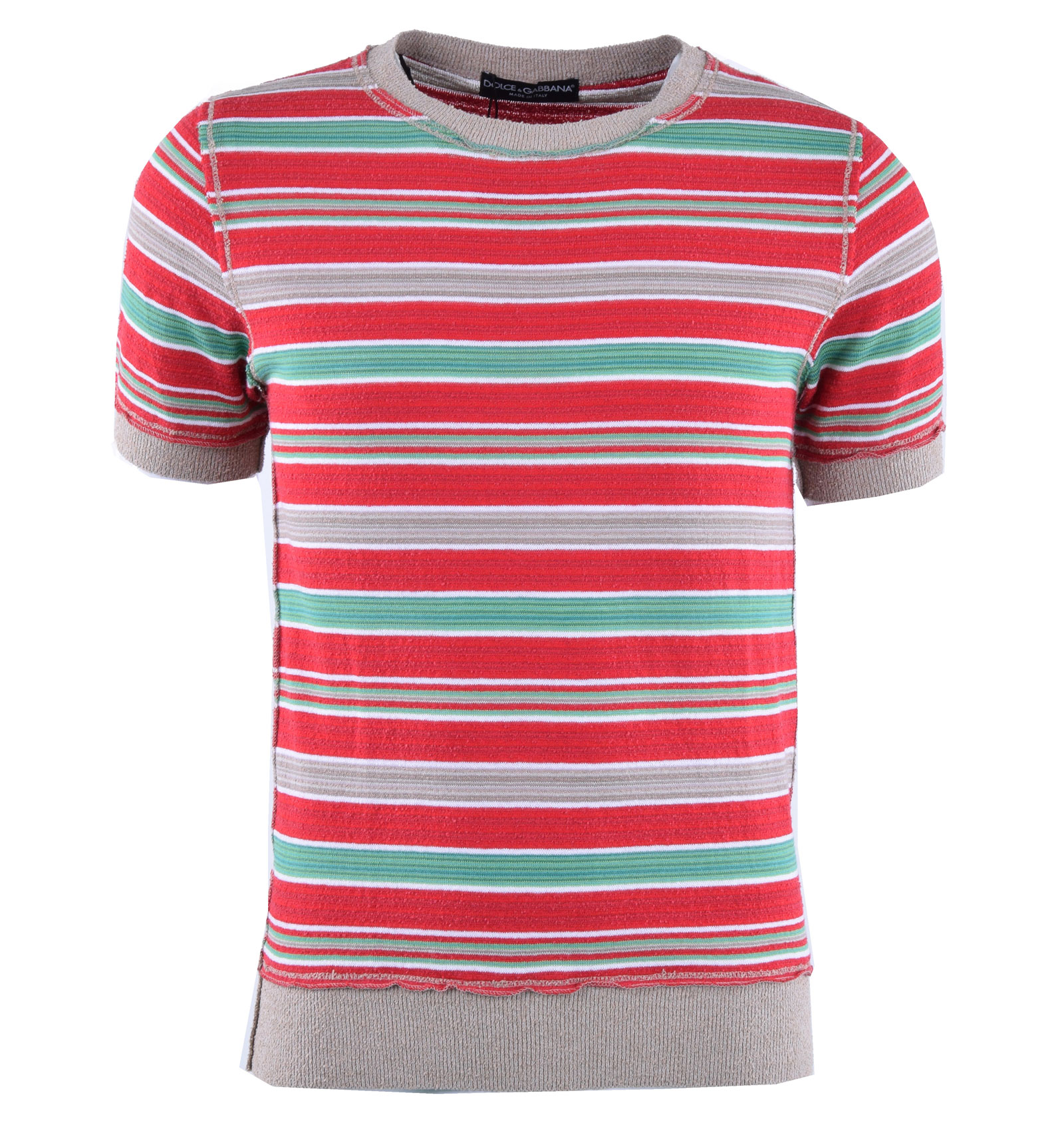 Knitted Cotton T-Shirt with Stripes Red Green Beige 46 S