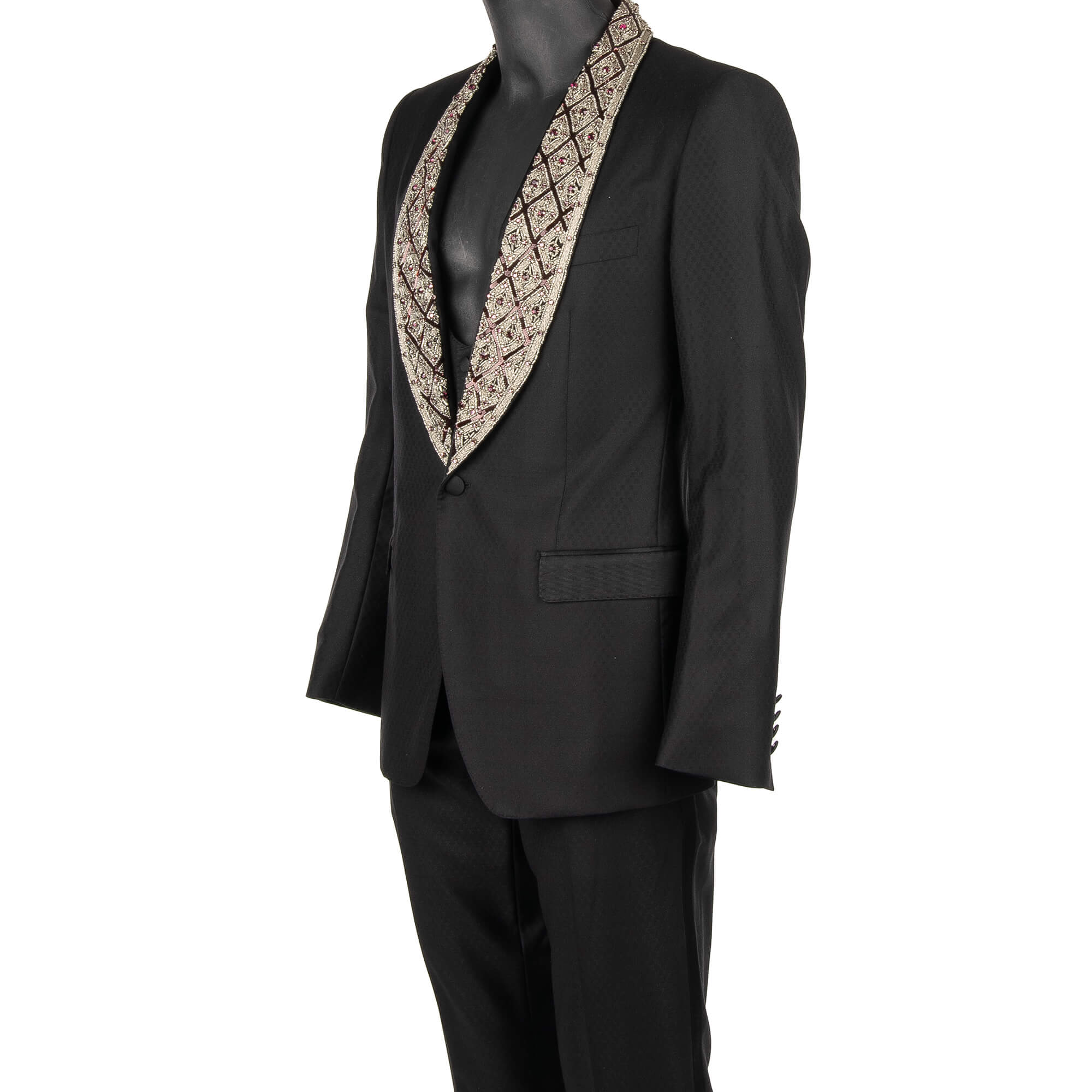 Wool an Silk Blend 3 piece suit with crystals, pearls and sequin embroidered shawl lapel in silver, purple and black by DOLCE & GABBANA