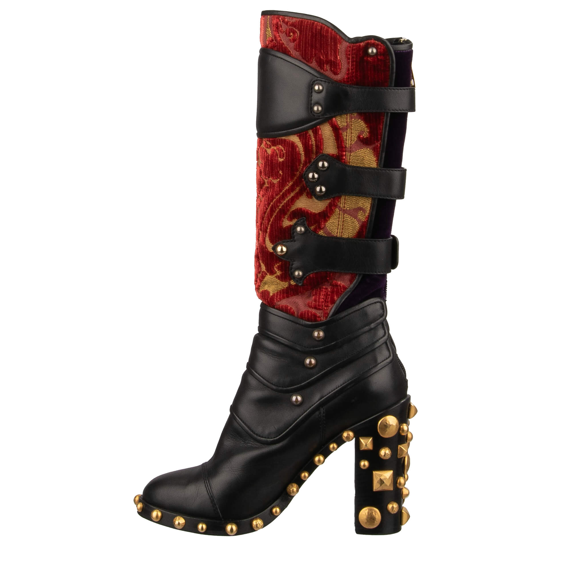 Stiefel BIKER aus Samt, Barock Jacquard und Leder mit Nieten in Schwarz, Ror und Lila von DOLCE & GABBANA