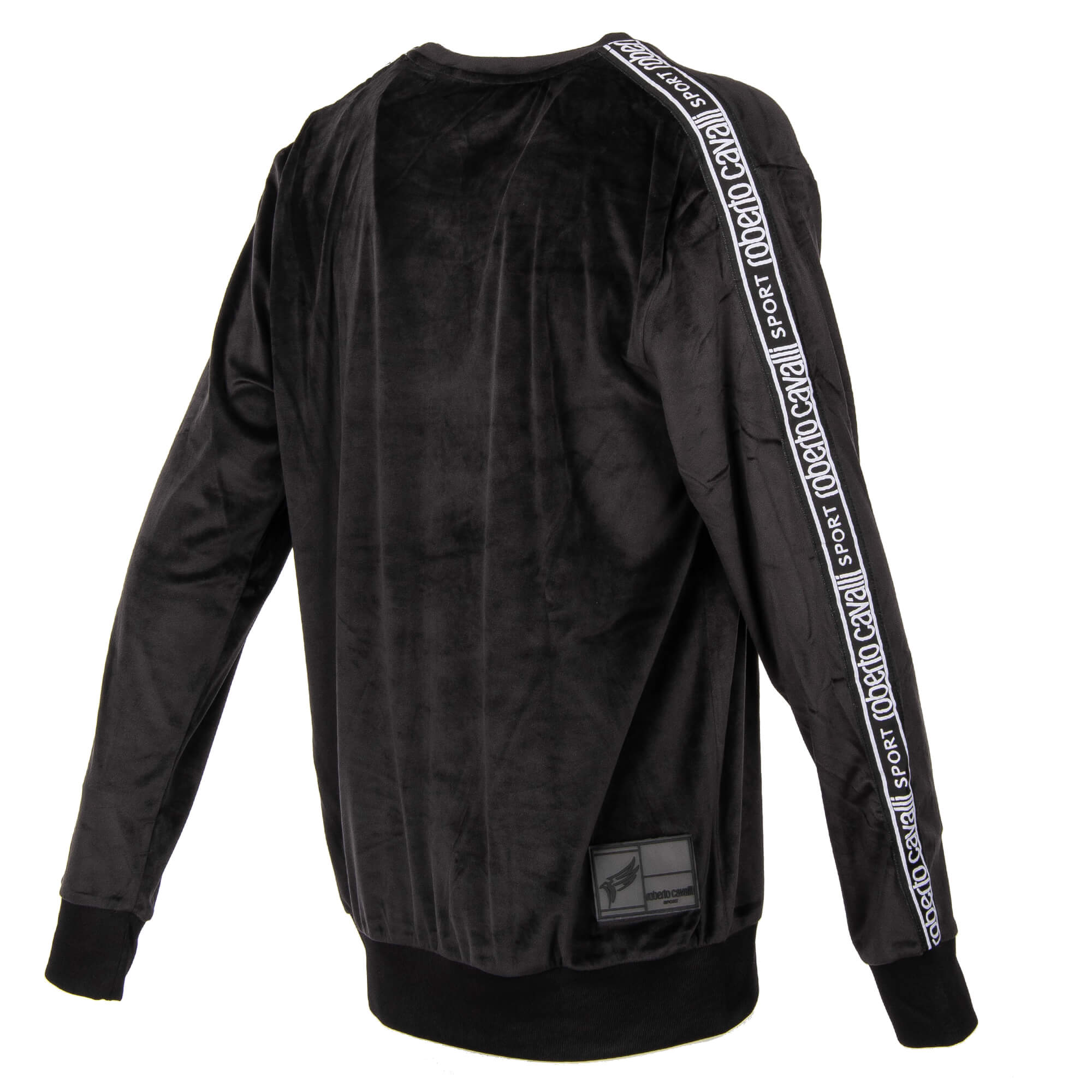 Weiches Samt Sweatshirt / Pullover mit Logo Streifen an beiden Ärmeln und Logo Schild in Schwarz von ROBERTO CAVALLI Sport