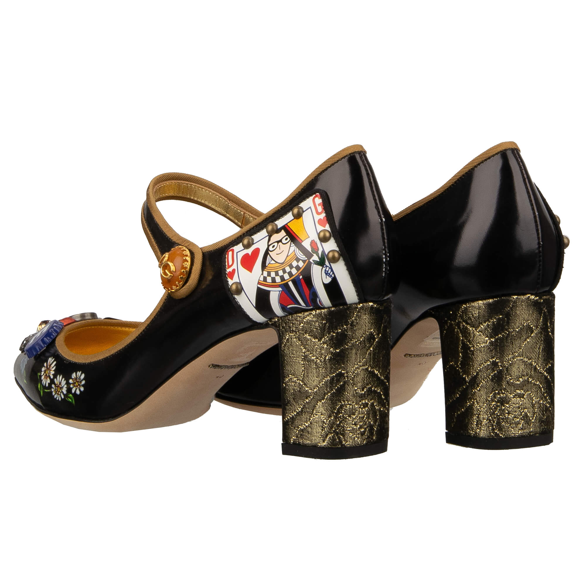 Leder Mary Jane Pumps mit I AM IN LOVE Brosche, Jacquard Absatz und Kristallen Blume von DOLCE & GABBANA