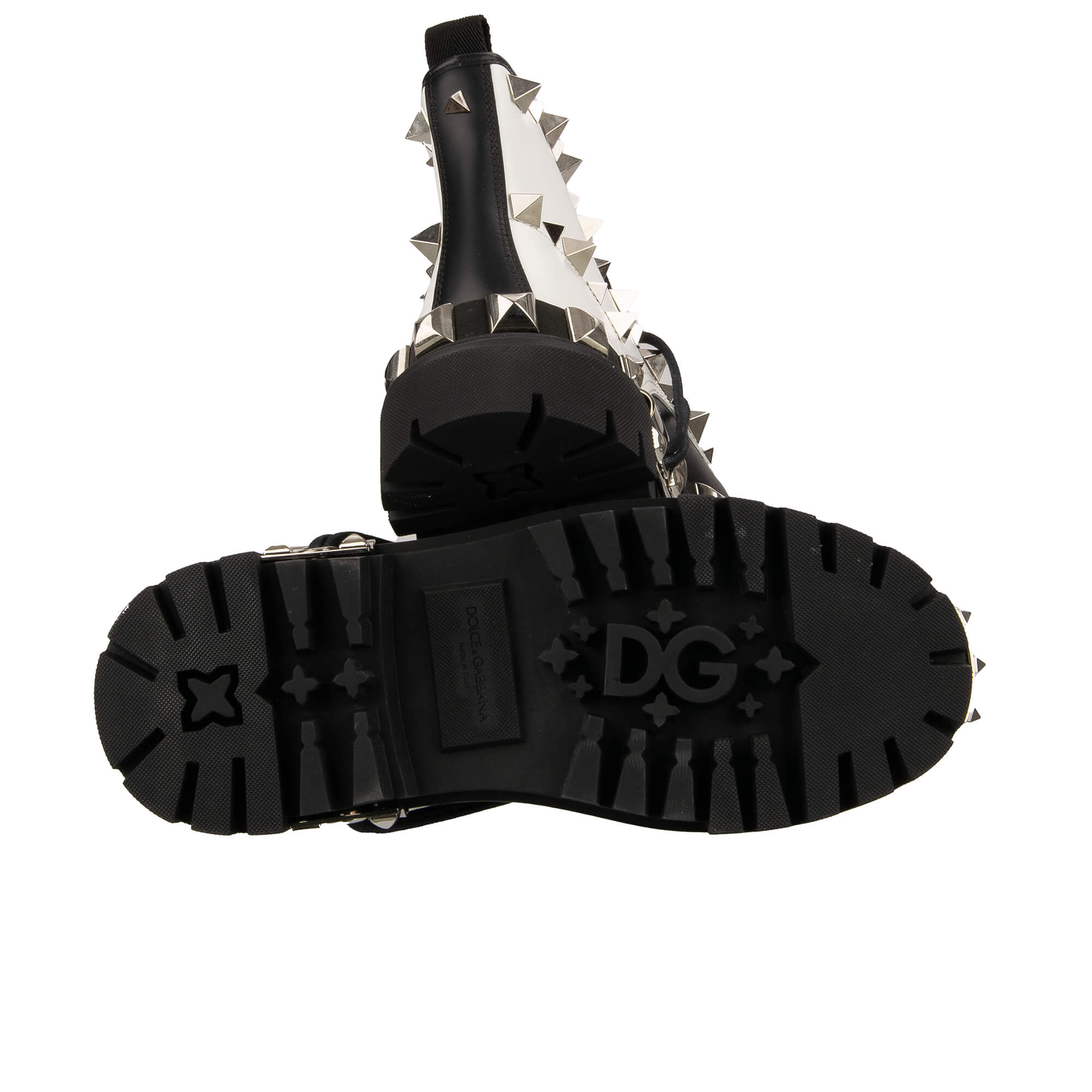 Leder Plateau Trekking Combat / Biker Stiefel mit überall verteilten Nieten in Schwarz und Weiß von DOLCE & GABBANA