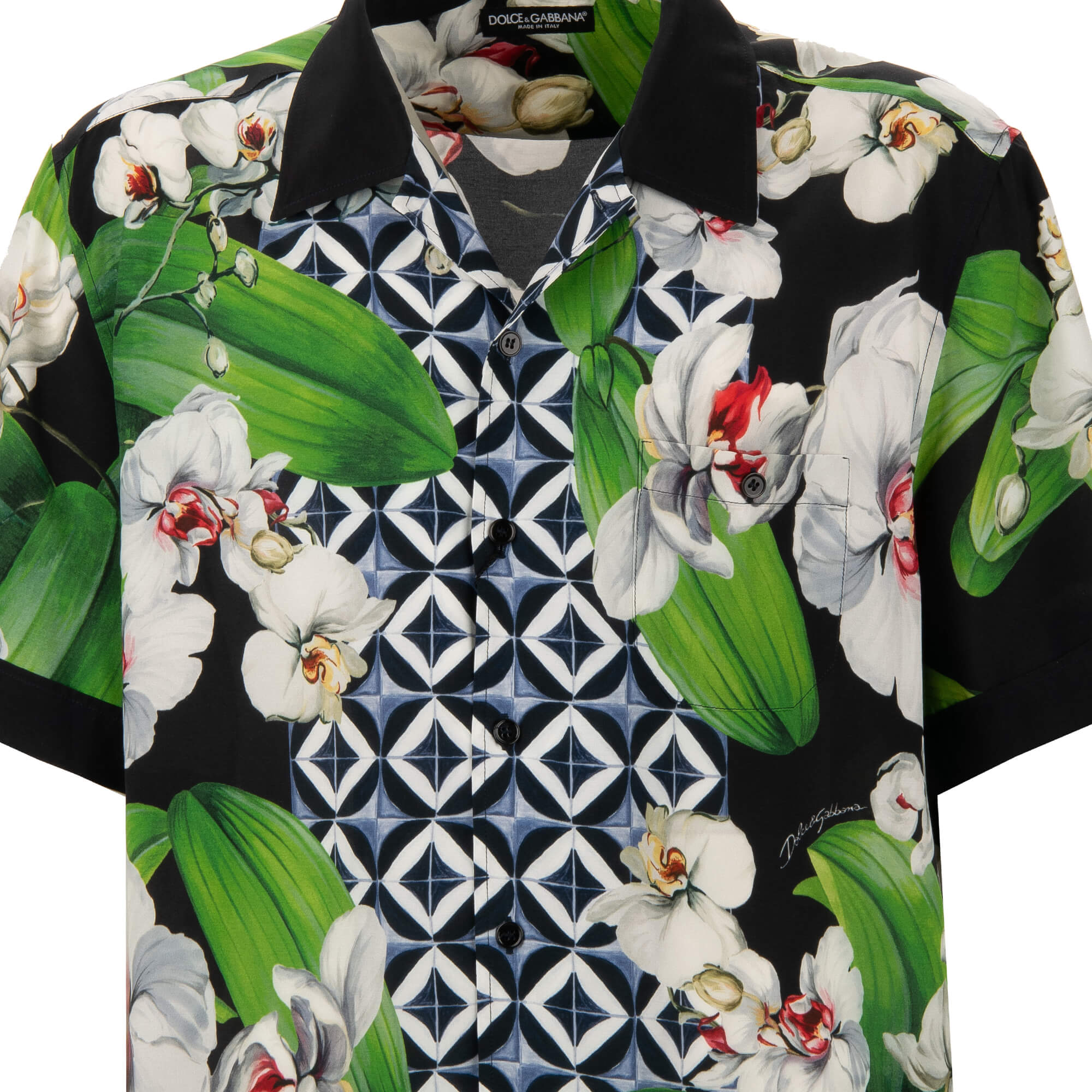 Short sleeve Shirt with orchid flower print in black, blue, green and white by DOLCE & GABBANA