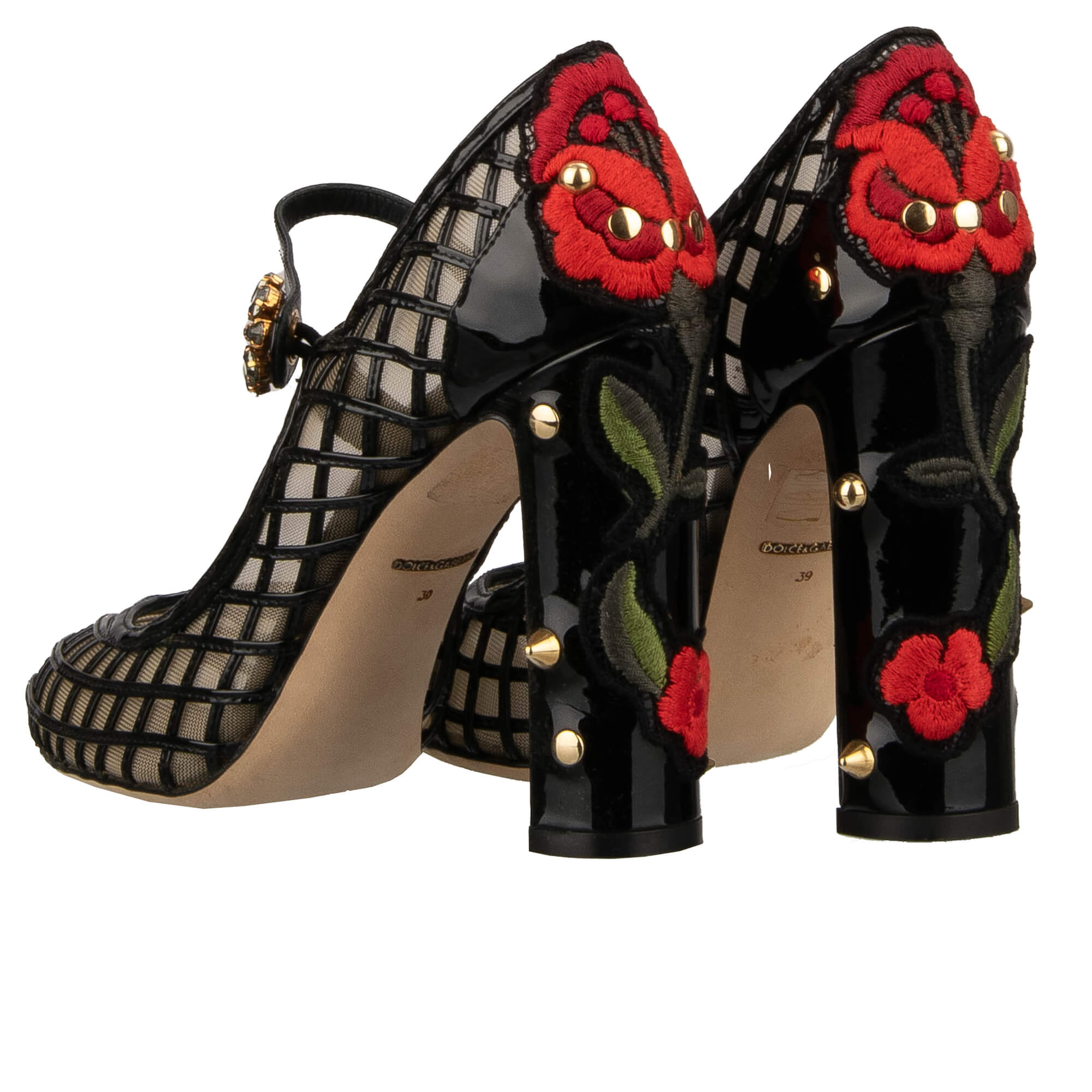 Lackleder Netz Struktur Pumps mit Perlen Blume Stickerei und Kristallen Schnalle von DOLCE & GABBANA