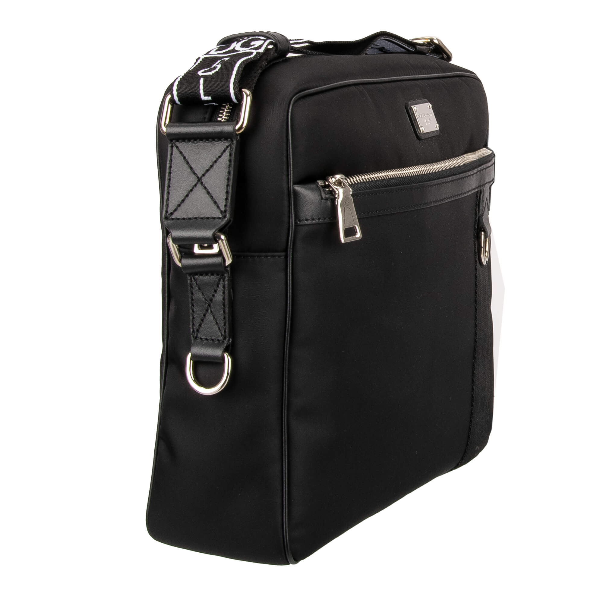 Nylon Crossbody Bag / Messenger Bag with leather details, logo printed strap, logo plate and pockets by DOLCE & GABBANA