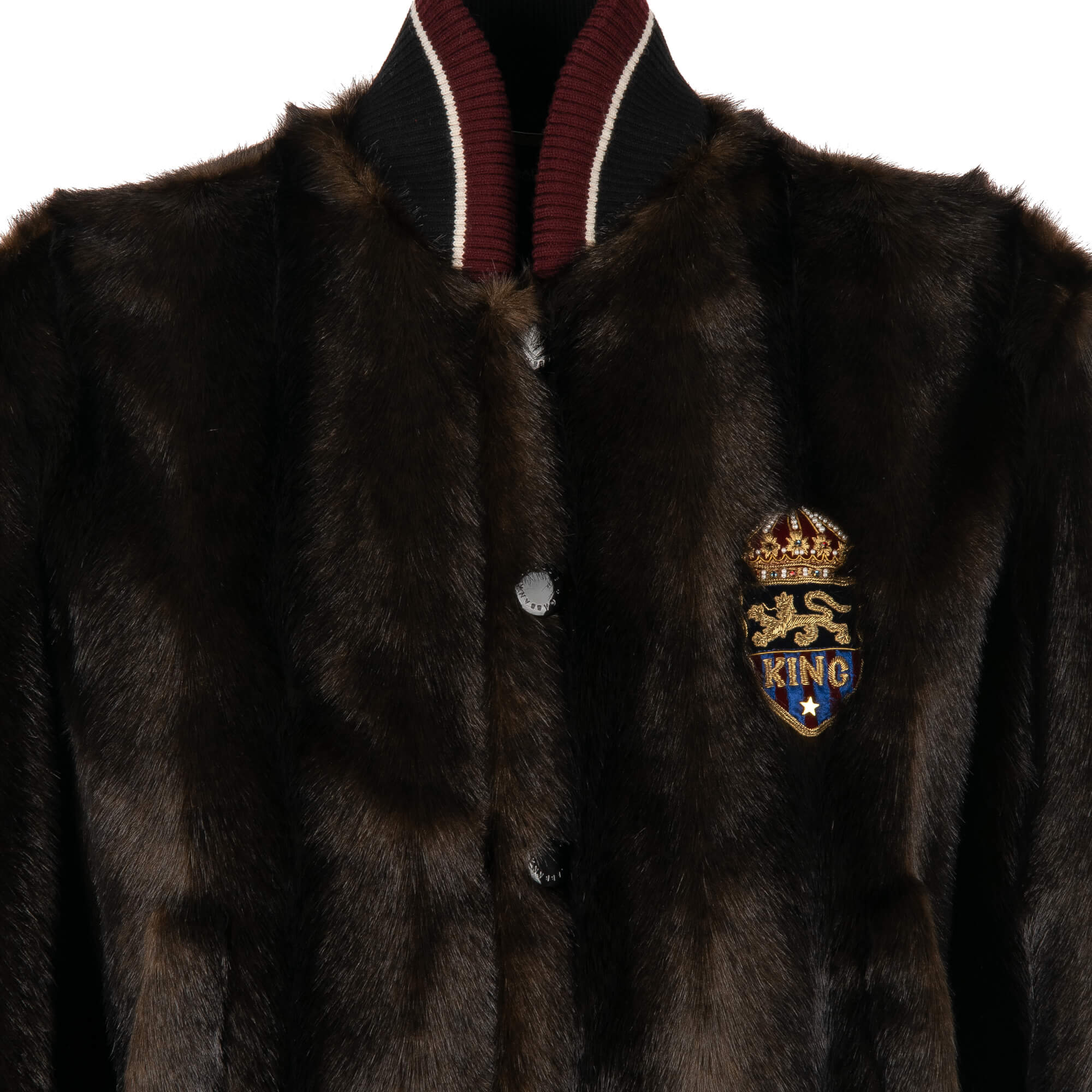 Stuffed Fake Fur bomber jacket with King and Crown embroidery in front and knit details by DOLCE & GABBANA