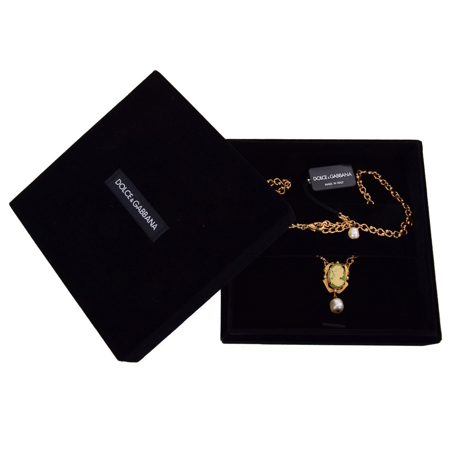 "Cameo" Barock Kette mit grünem Kamee-Anhänger und Kunstperlen in Gold von DOLCE & GABBANA 
