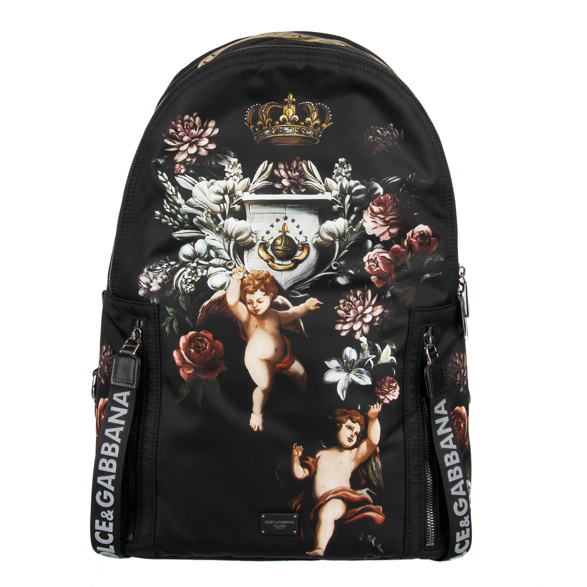 Rucksack "L'Amore e Bellezza" aus Nylon mit Herz, Engeln und Krone Applikationen, Außenfach und Logo Schild von DOLCE & GABBANA