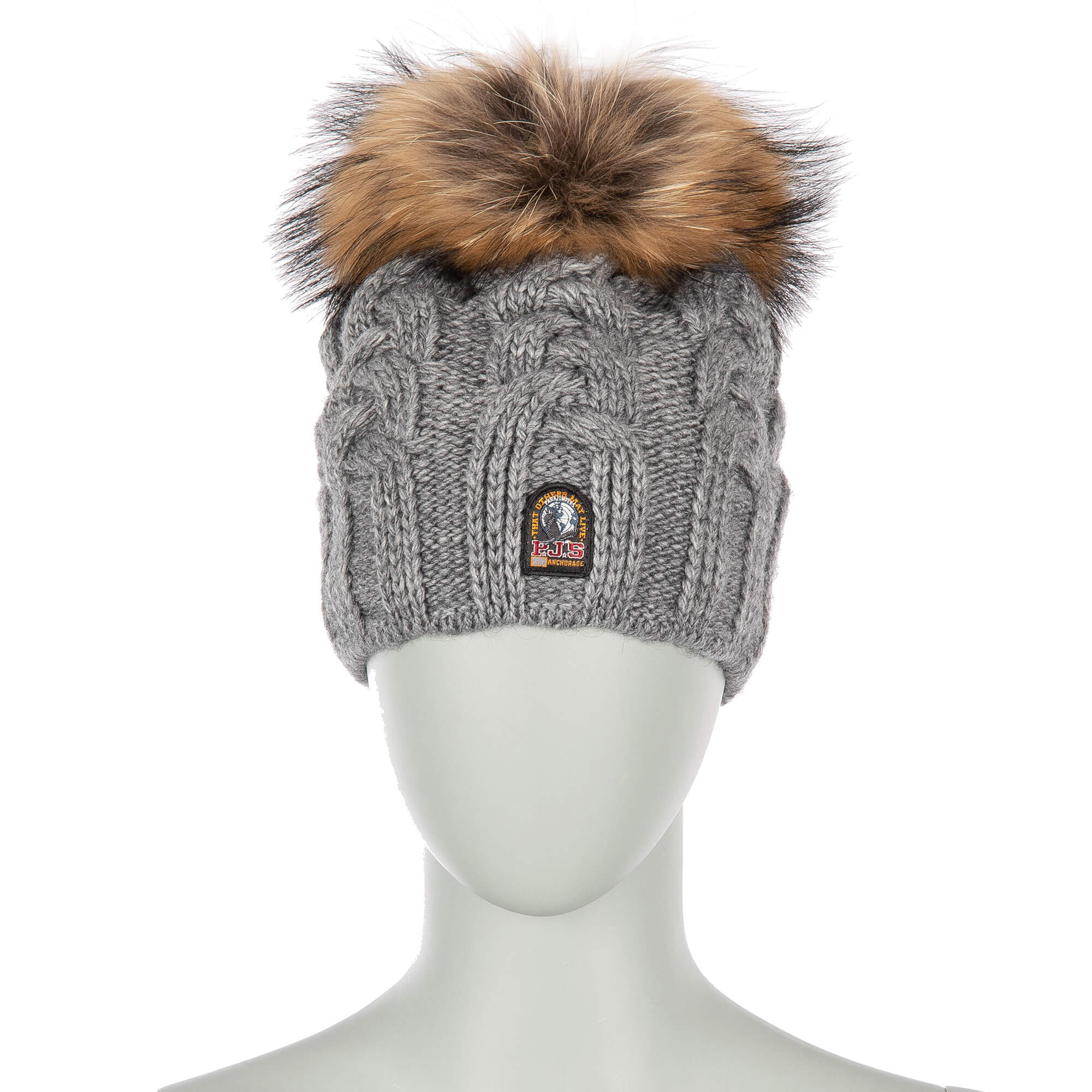Unisex Zopfmuster Mütze mit Pelz Bommel Grau Melange