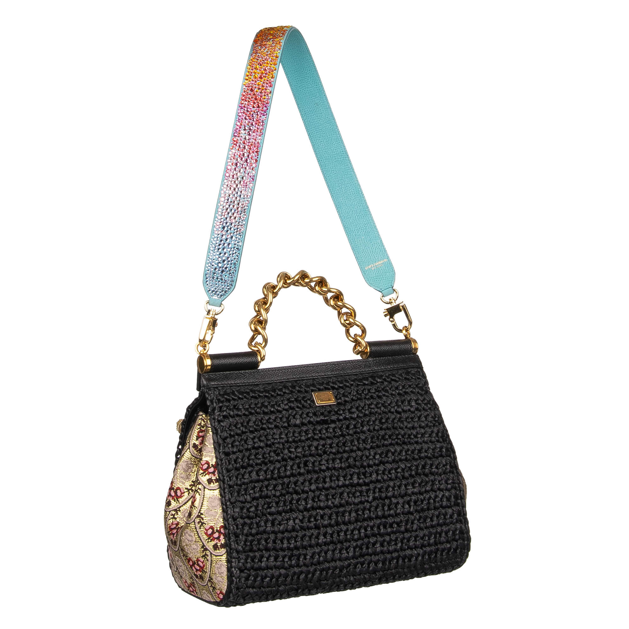 Schulterriemen für Tasche aus Dauphine und Wildleder in Blau mit mehrfarbigen Regebogen Muster Kristallen von DOLCE & GABBANA