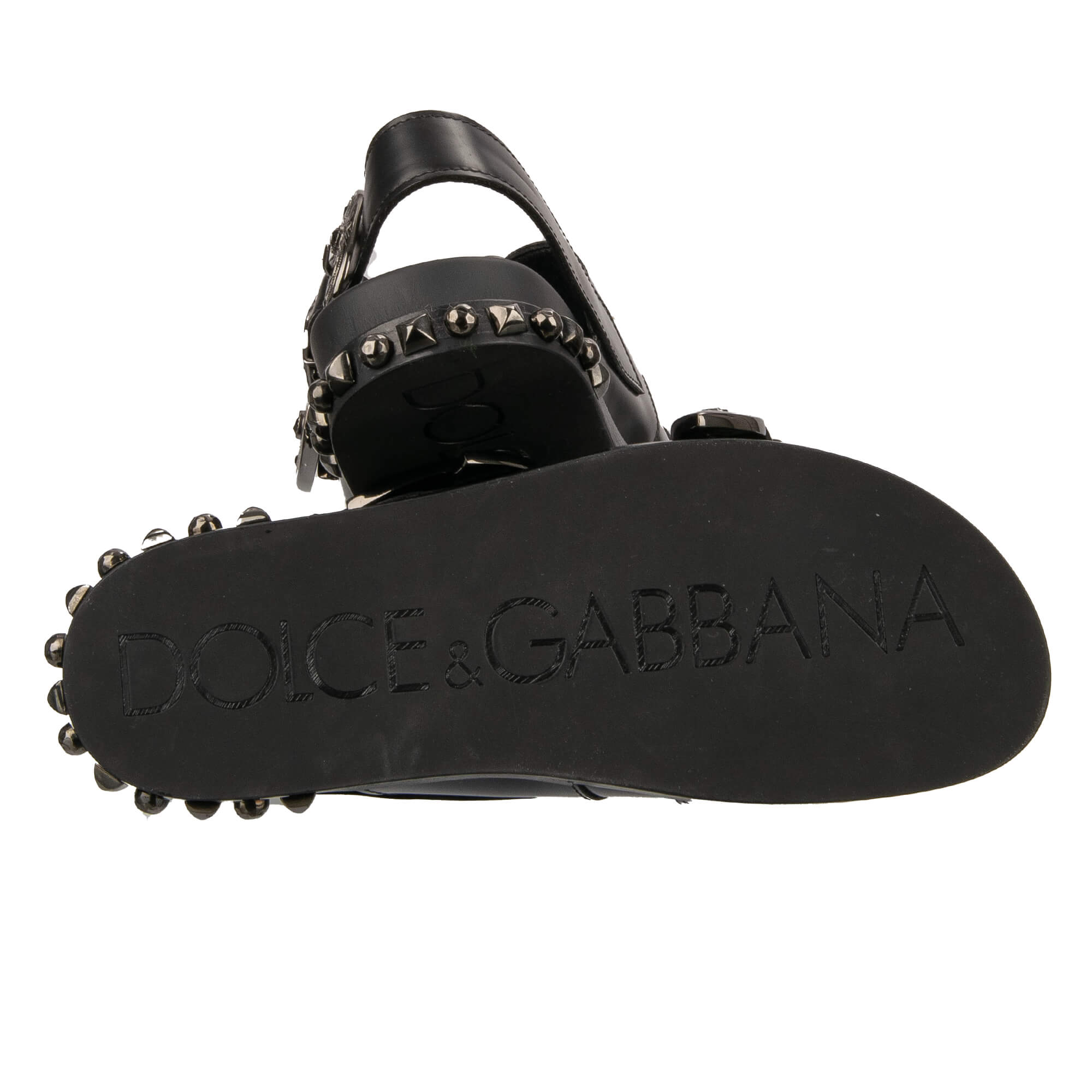 Studded leather Slides Sandals Shoes HAWAII with buckles embellished with crystals and DG logo in black by DOLCE & GABBANA 