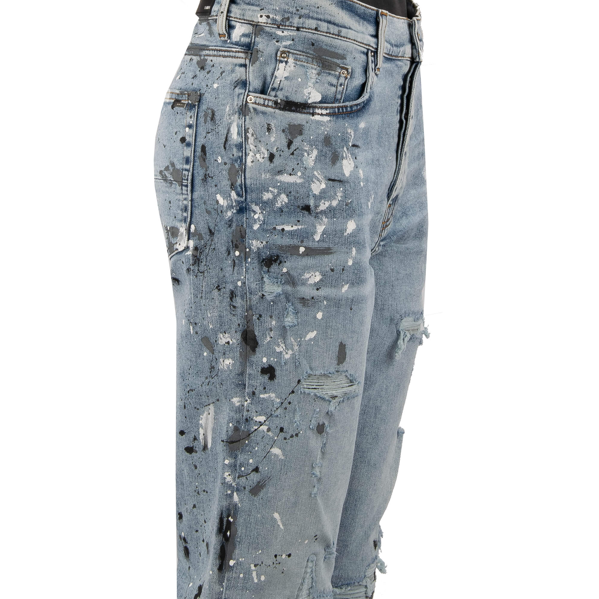 5-pockets Skinny Distressed Stretch Painter MX1 Jeans in Vintage Blue with unique color splashes and elastic inserts by AMIRI